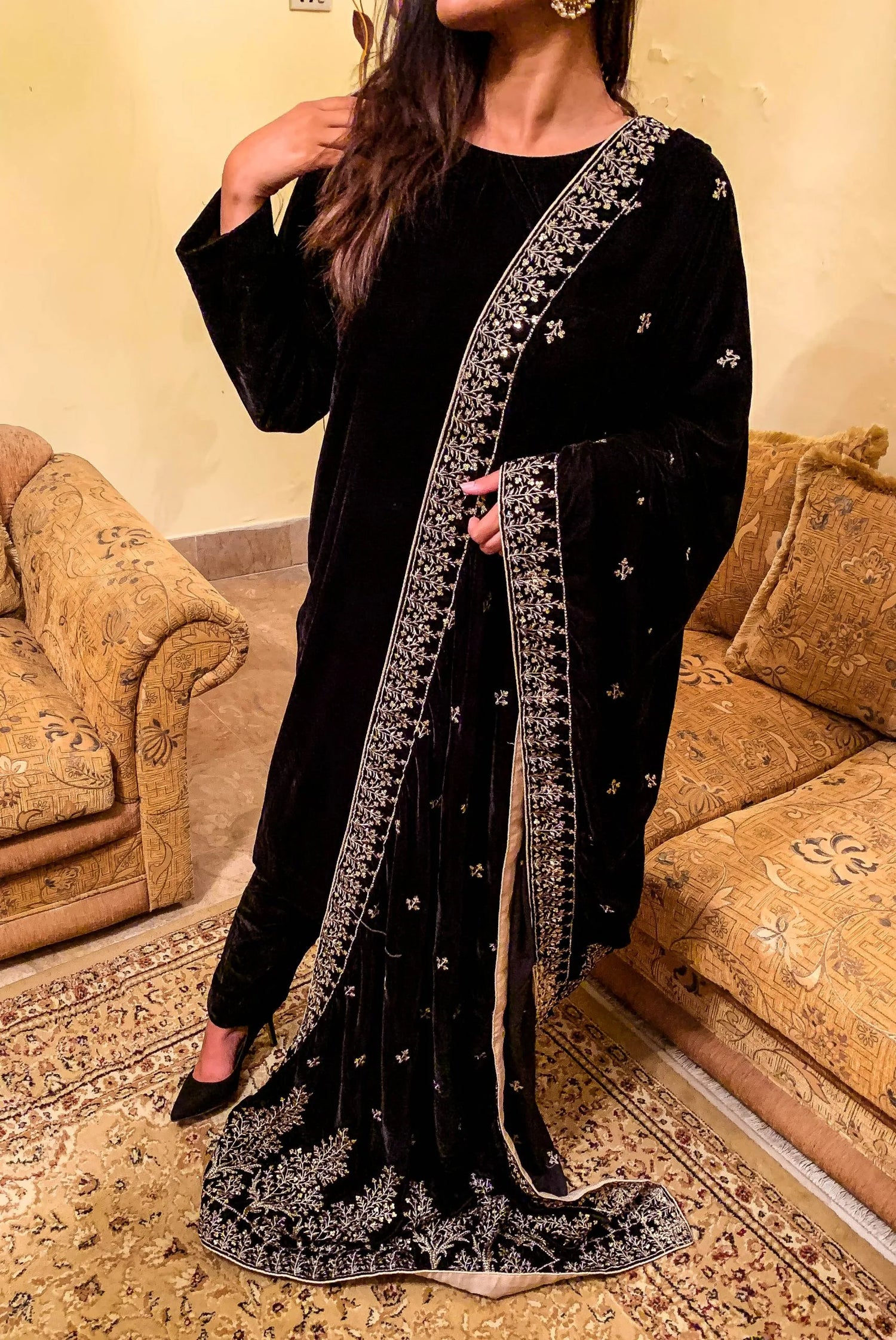 Black velvet shawl with intricate tila and sequin embroidery, featuring tree motif bunches on the pallu and four-sided embroidered borders, finished with a luxurious Jamawar palta.