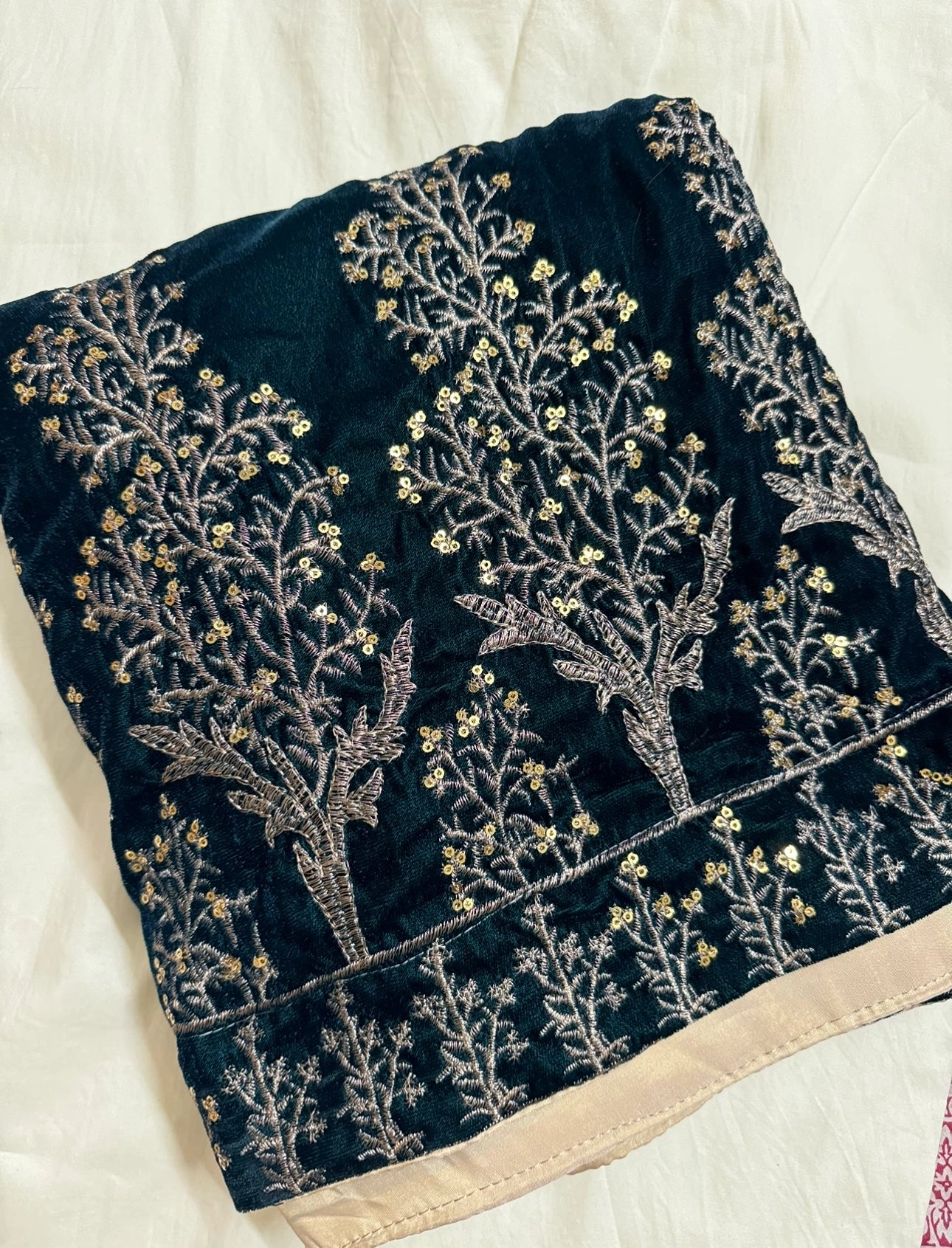 Black velvet shawl with intricate tila and sequin embroidery, featuring tree motif bunches on the pallu and four-sided embroidered borders, finished with a luxurious Jamawar palta.