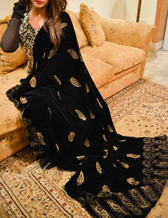 Elegant Velvet Shawl with Kaari blocked border on two sides and screen paisley motifs in center, golden thread edges. Ideal for festive events.
