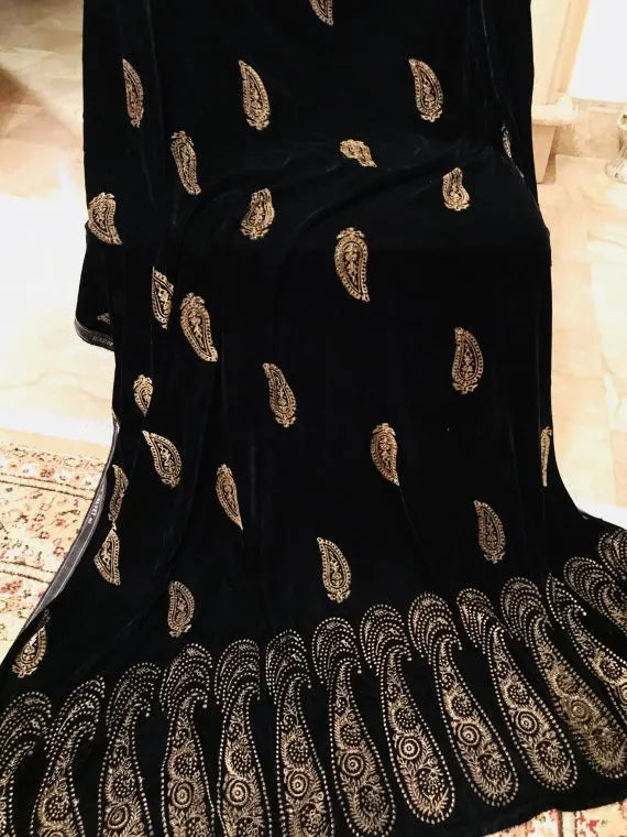Elegant Velvet Shawl with Kaari blocked border on two sides and screen paisley motifs in center, golden thread edges. Ideal for festive events.