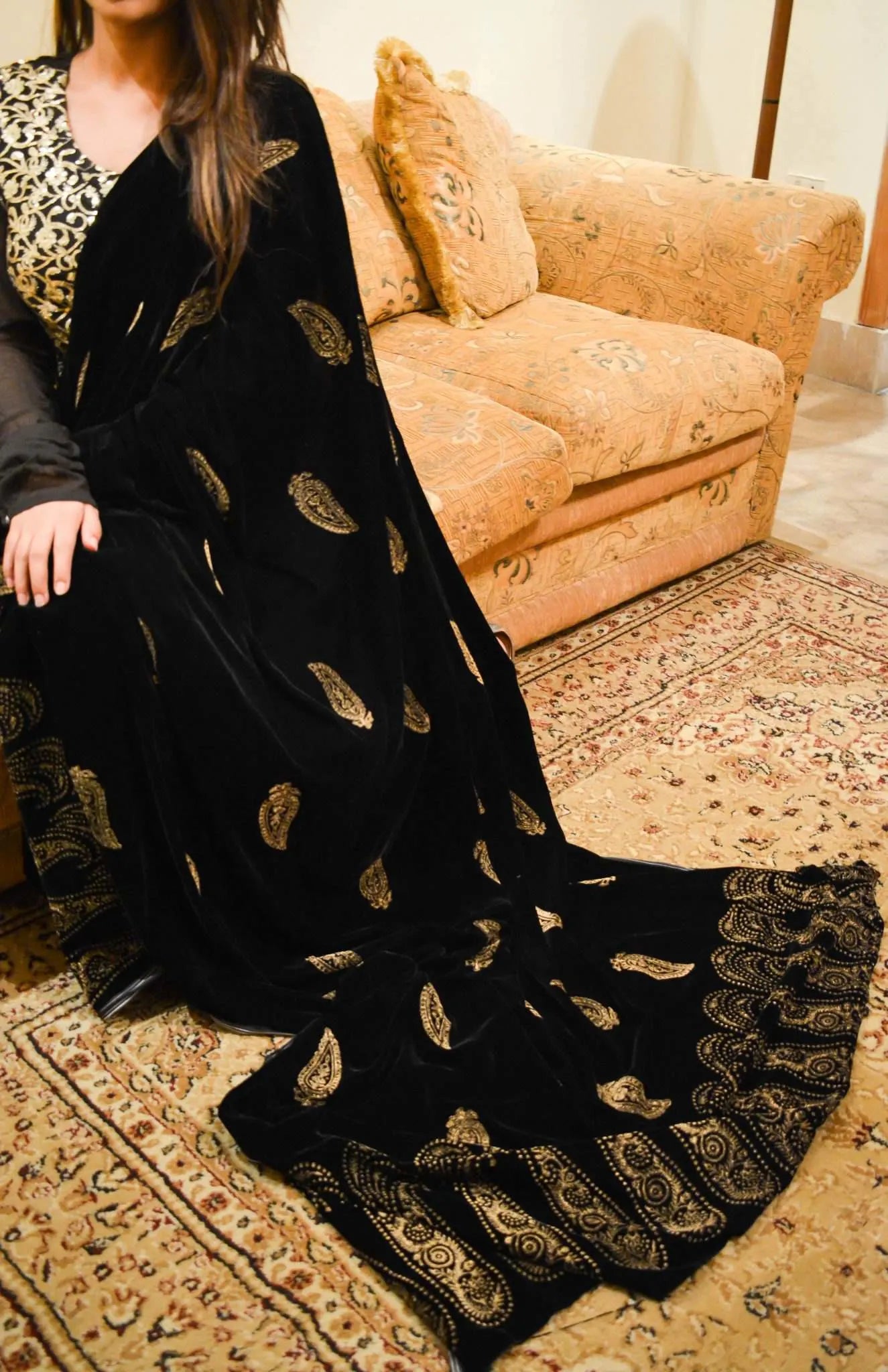 Elegant Velvet Shawl with Kaari blocked border on two sides and screen paisley motifs in center, golden thread edges. Ideal for festive events.