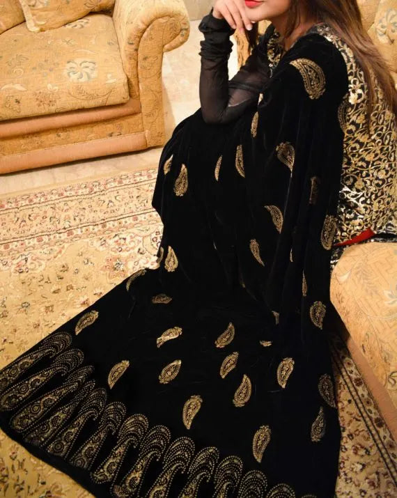 Elegant Velvet Shawl with Kaari blocked border on two sides and screen paisley motifs in center, golden thread edges. Ideal for festive events.