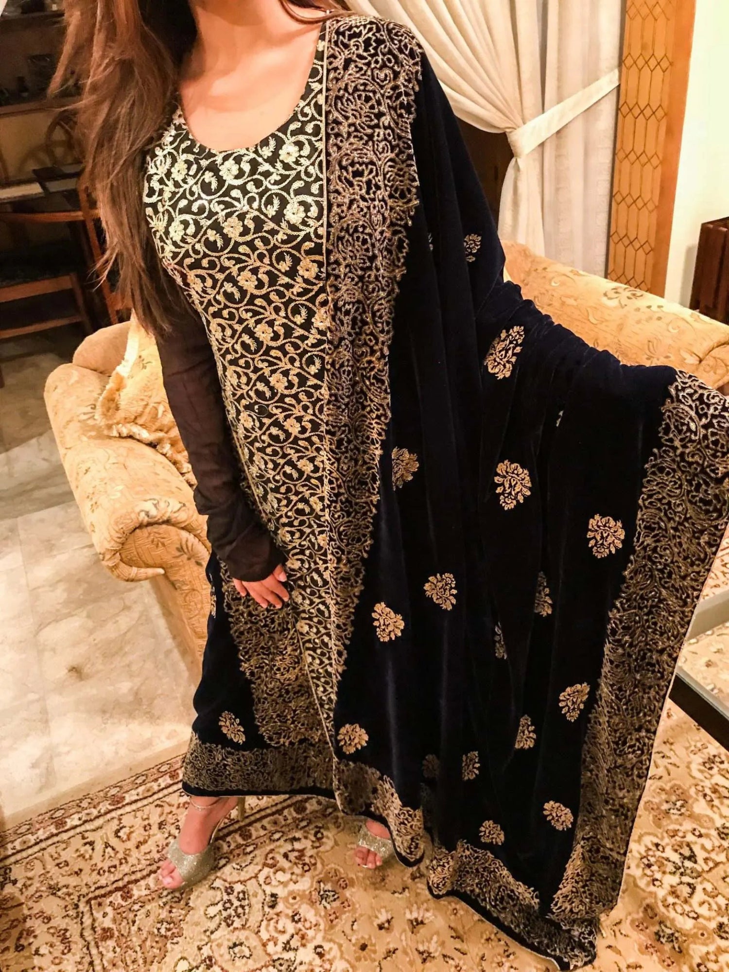 Luxurious Navy Blue Velvet Shawl with floral block border on four sides, small screen motifs in center adored with golden thread edges, showcasing elegance and perfect for weddings, festive occasions.