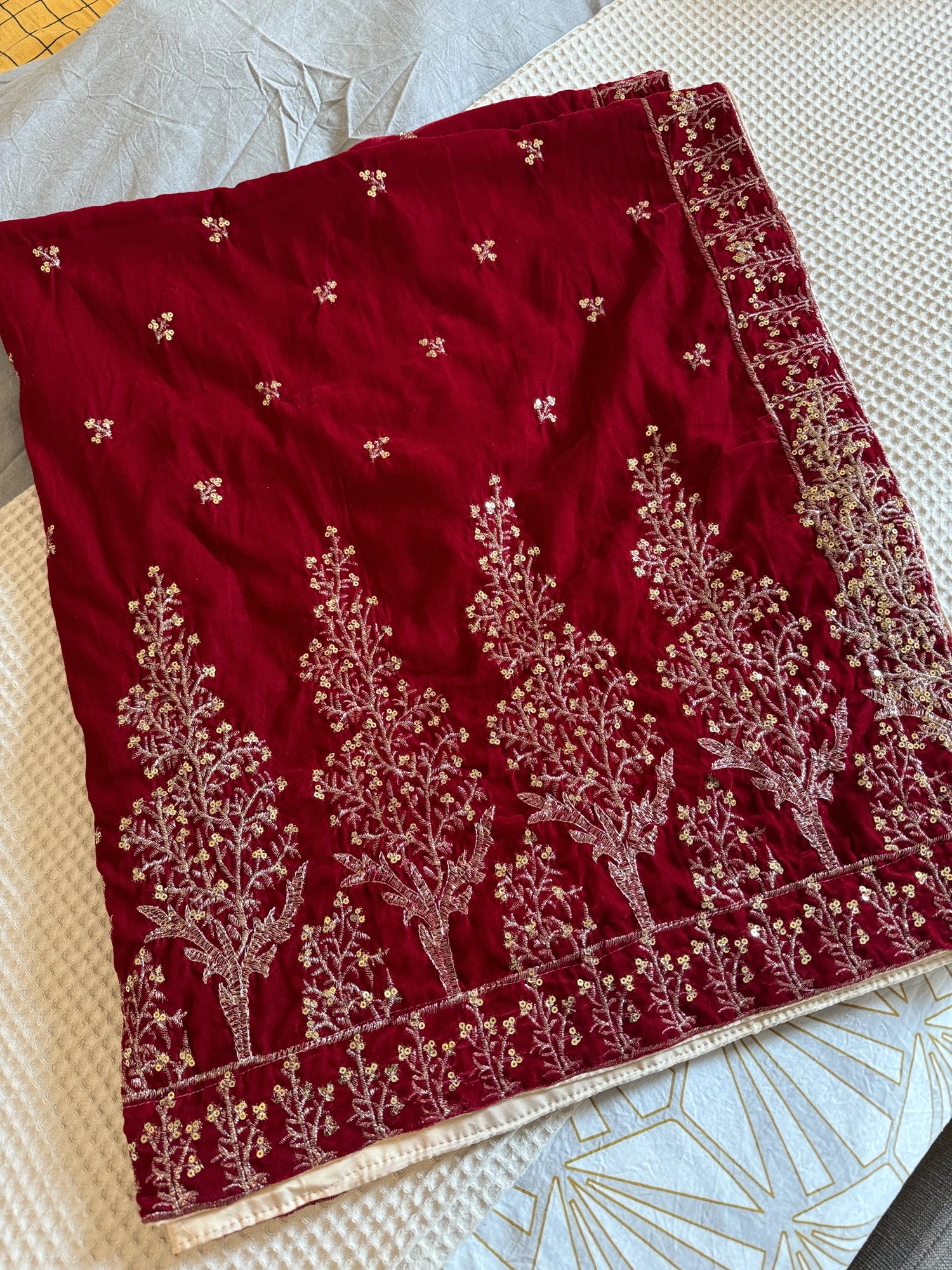 Luxurious velvet shawl featuring intricate tila and sequin embroidery with tree motifs on palu, detailed borders on all sides, and finished with a rich jamawar palta