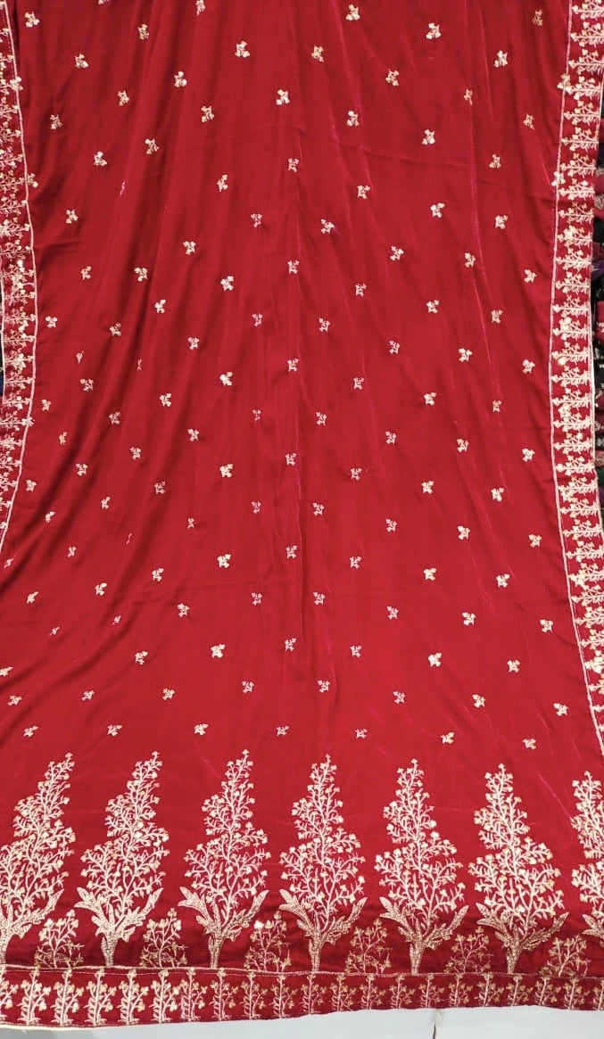Luxurious velvet shawl featuring intricate tila and sequin embroidery with tree motifs on palu, detailed borders on all sides, and finished with a rich jamawar palta