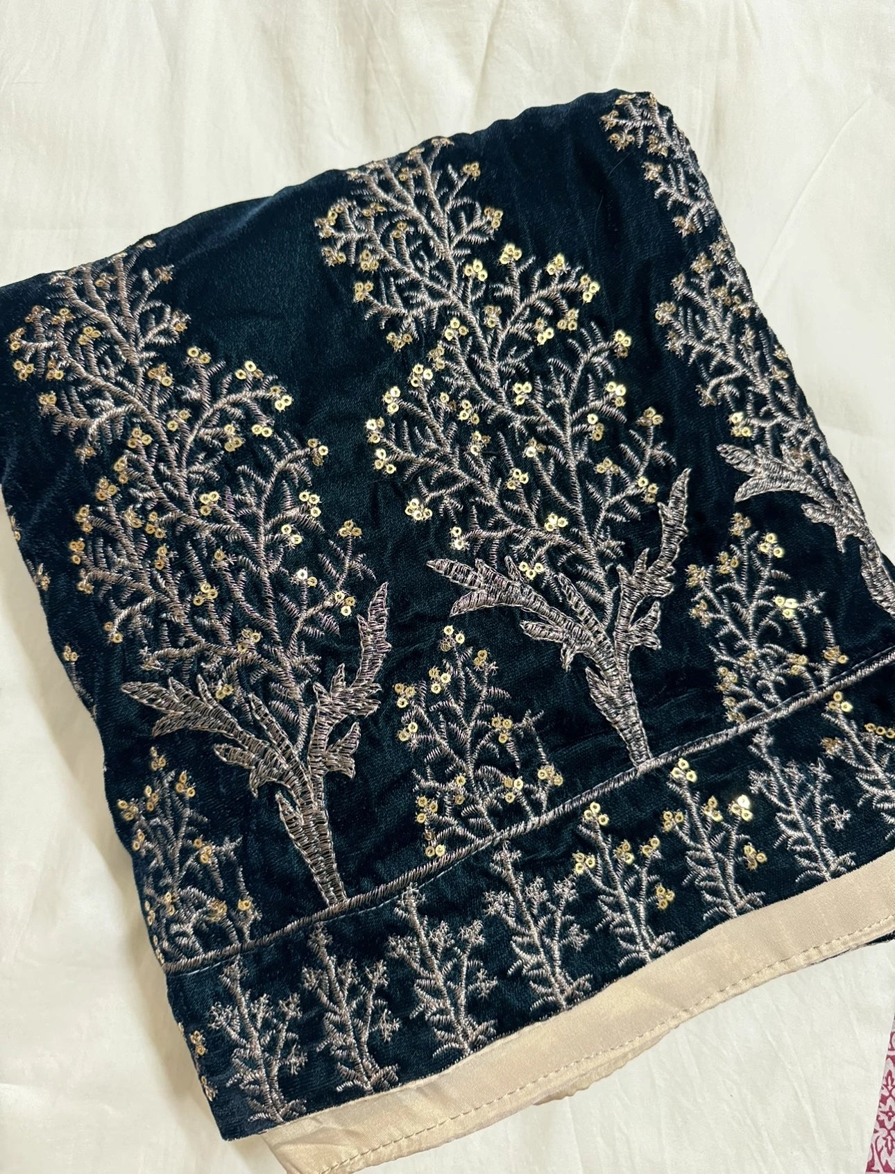 Luxurious velvet shawl featuring intricate tila and sequin embroidery with tree motifs on palu, detailed borders on all sides, and finished with a rich jamawar palta