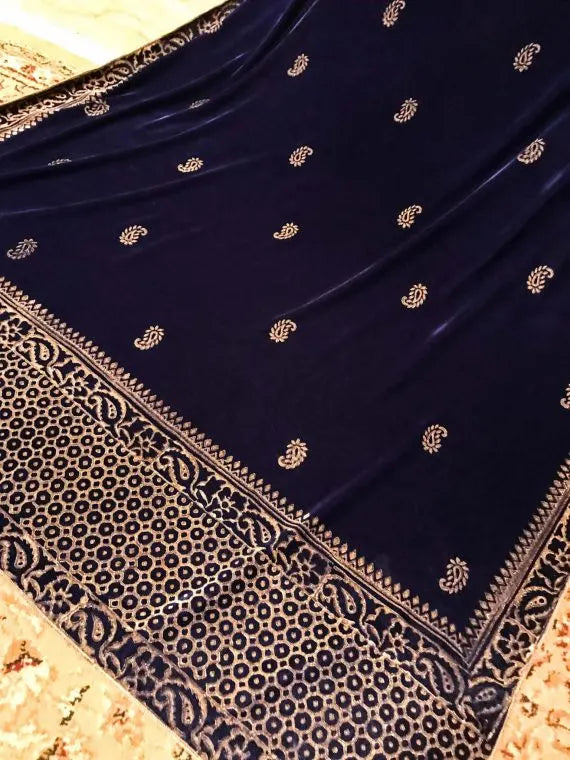 Luxurious velvet shawl detailed with gold block and screen printed designs. Showing a graceful fusion of heritage artistry and elegance.