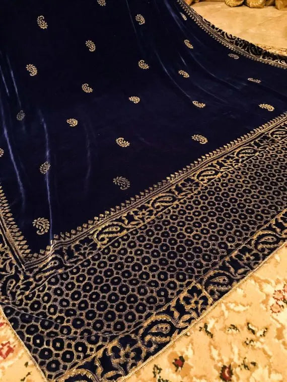 Luxurious velvet shawl detailed with gold block and screen printed designs. Showing a graceful fusion of heritage artistry and elegance.
