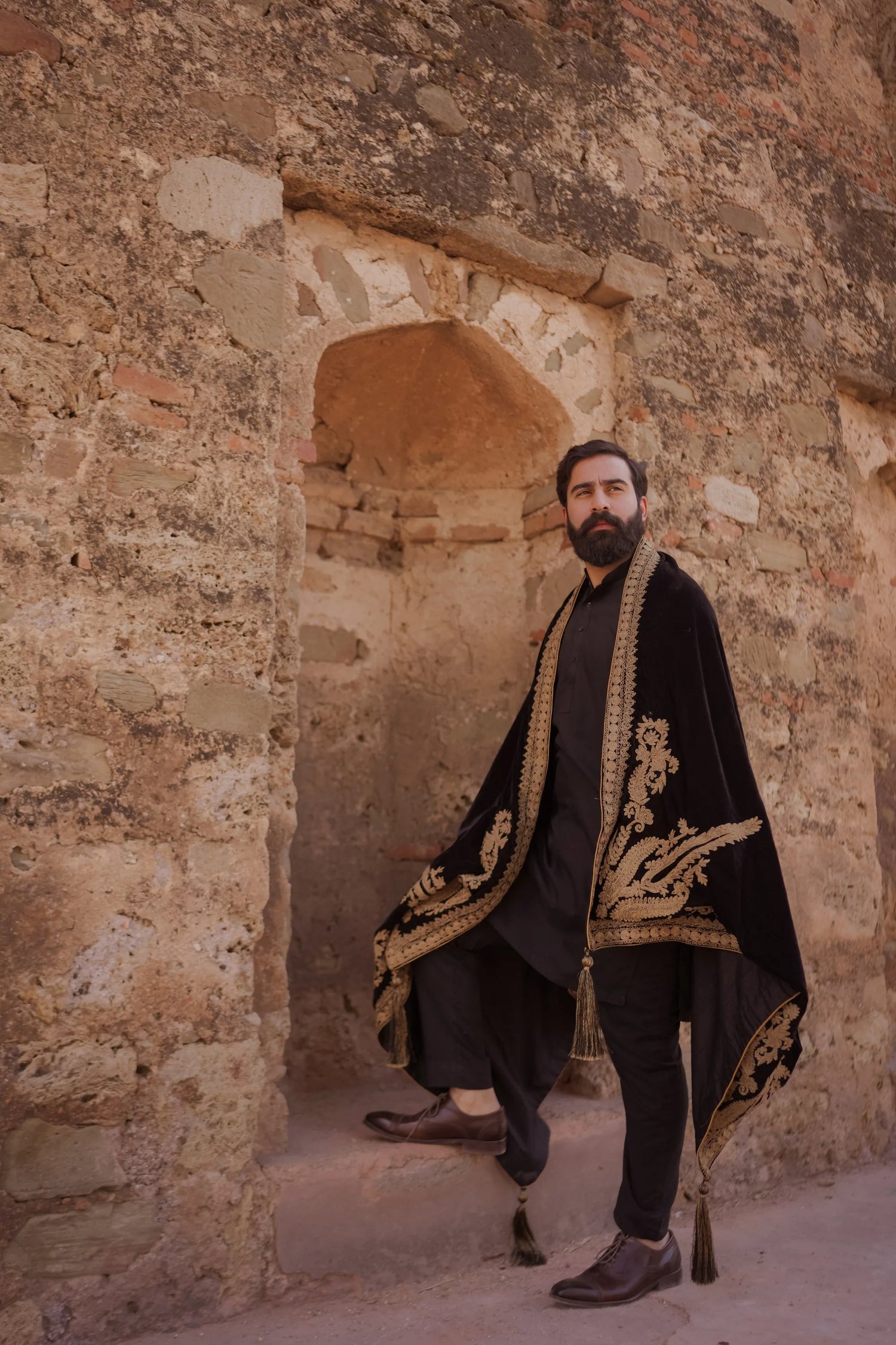 A luxurious black shawl with Ari work, showcasing elegant design details and  festive sophistication.