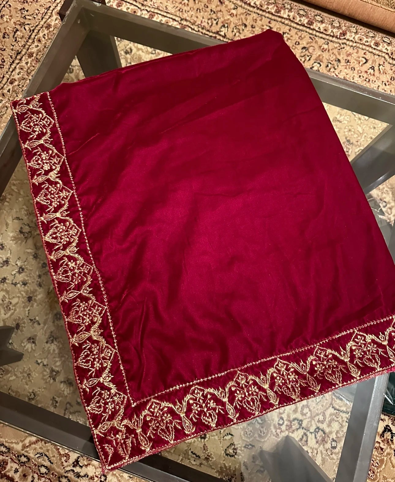 Elegant velvet shawl adored with intricate tila embroidery border and Banarsi palta, ideal for weddings, festive events and formal wear.
