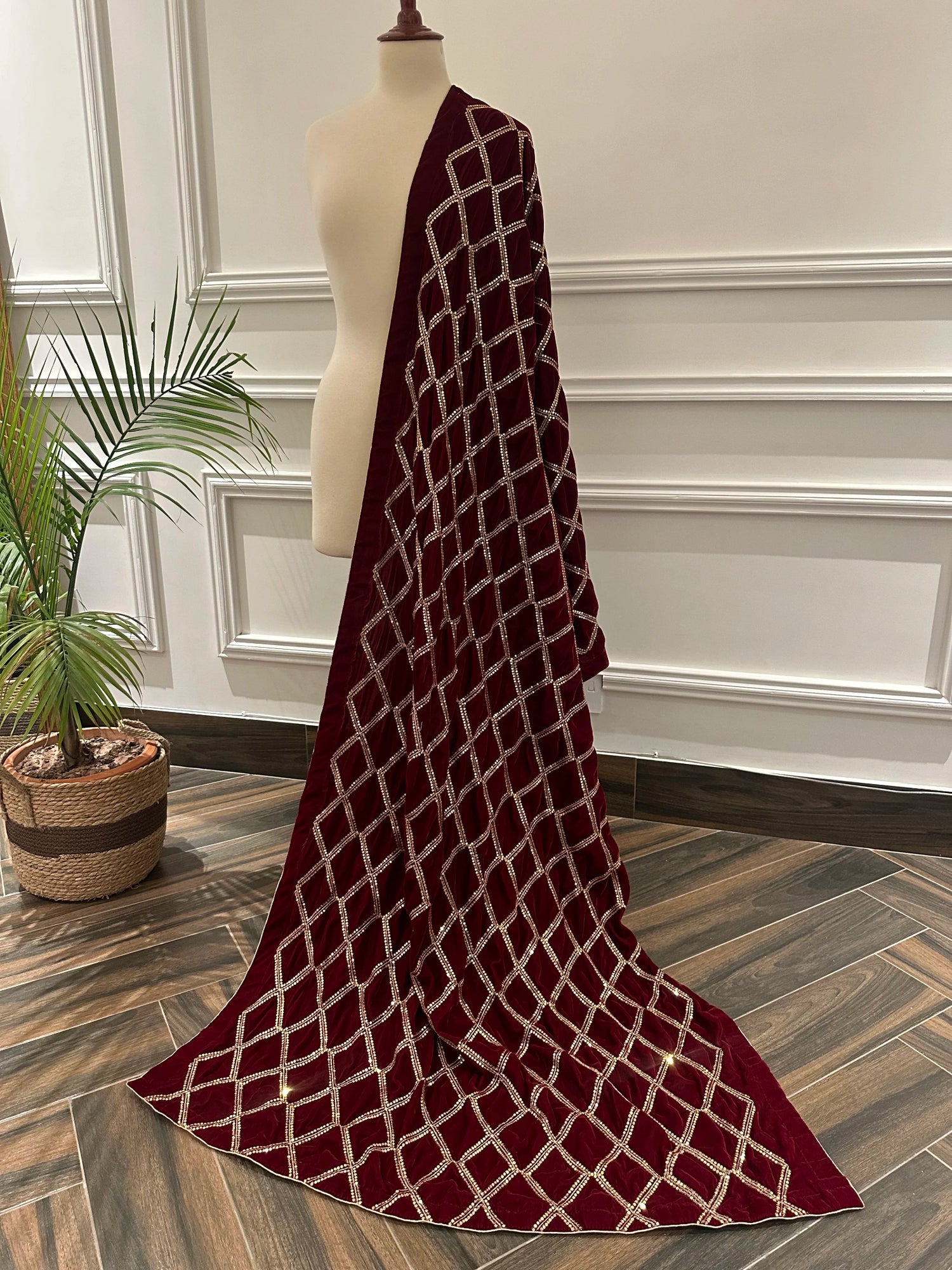 Cross Sequence Regal Shawl crafted from high quality velvet, featuring delicate tila embroidery with shimmering sequence work, perfect for festive and formal occasions.