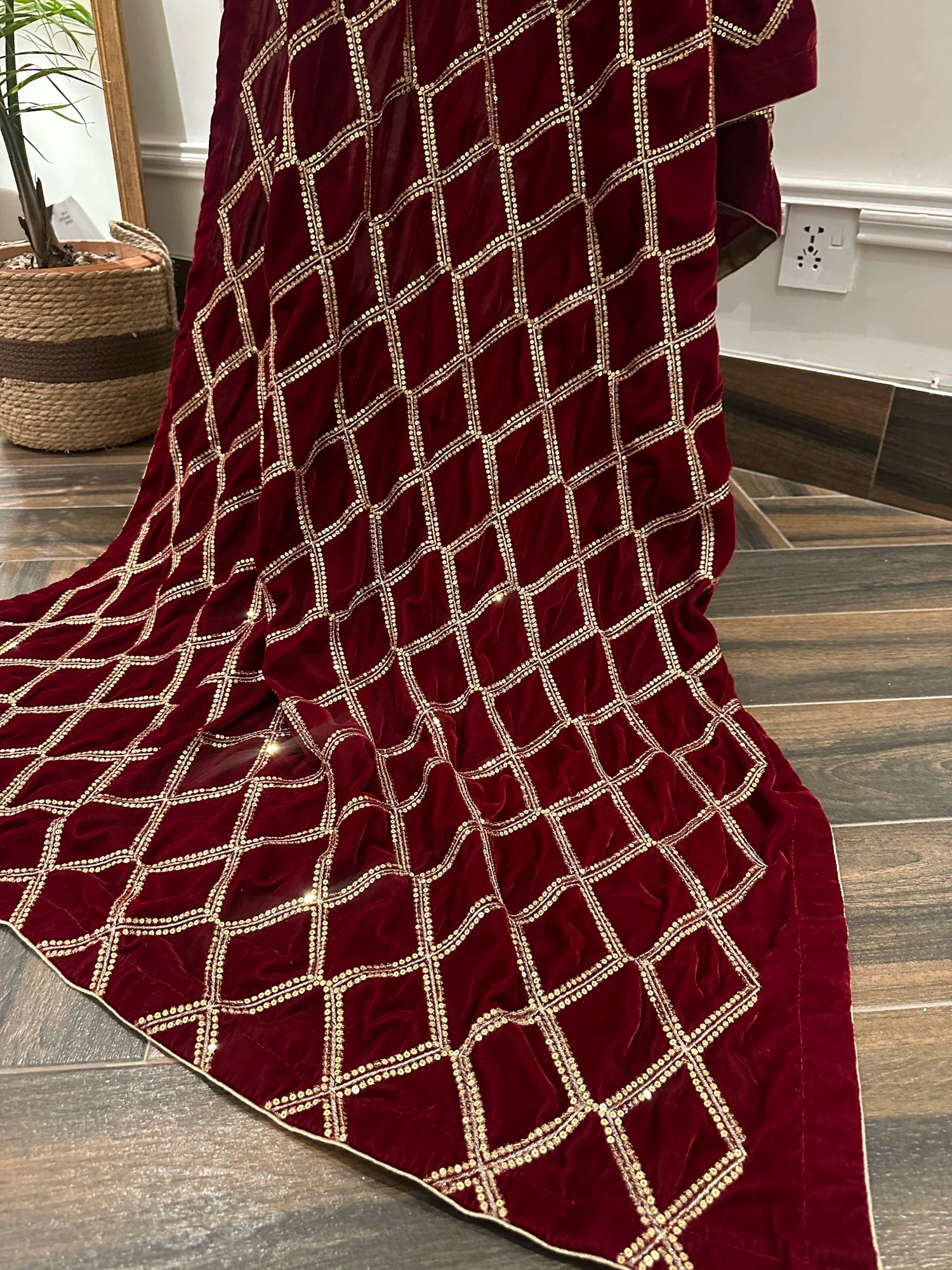 Cross Sequence Regal Shawl crafted from high quality velvet, featuring delicate tila embroidery with shimmering sequence work, perfect for festive and formal occasions.