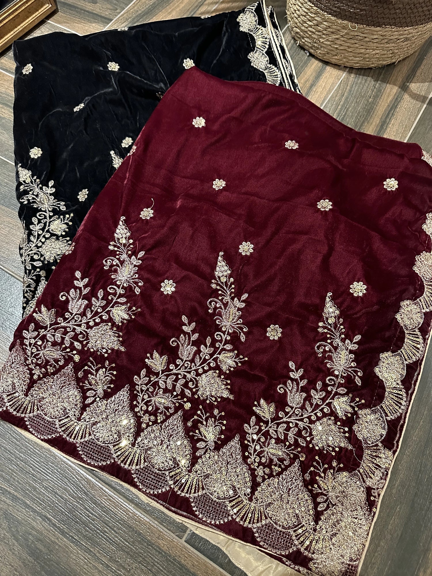Luxurious velvet shawl featuring detailed embroidery and beautiful crafted motifs, blending traditional artistry with modern elegance for any occasion.