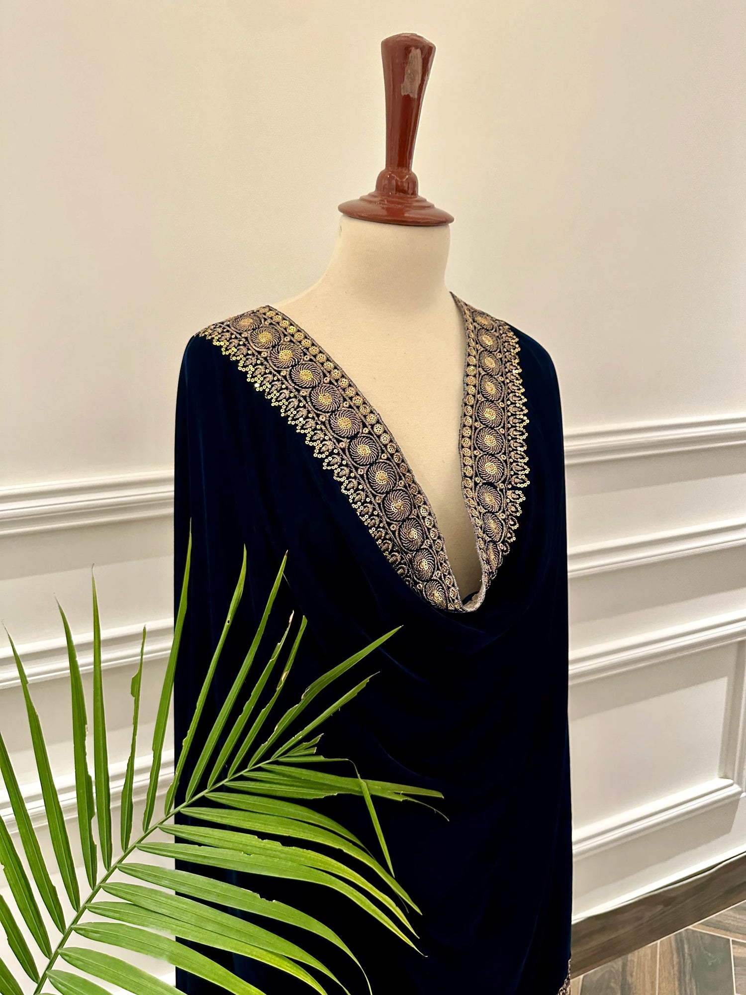Elegant Heavy Tila Work Velvet Shawl featuring intricate abstract tila embroidery on a rich velvet base. Designed as a unisex statement piece, the shawl showcases heavy hand-embroidered, perfect for weddings and formal occasions.