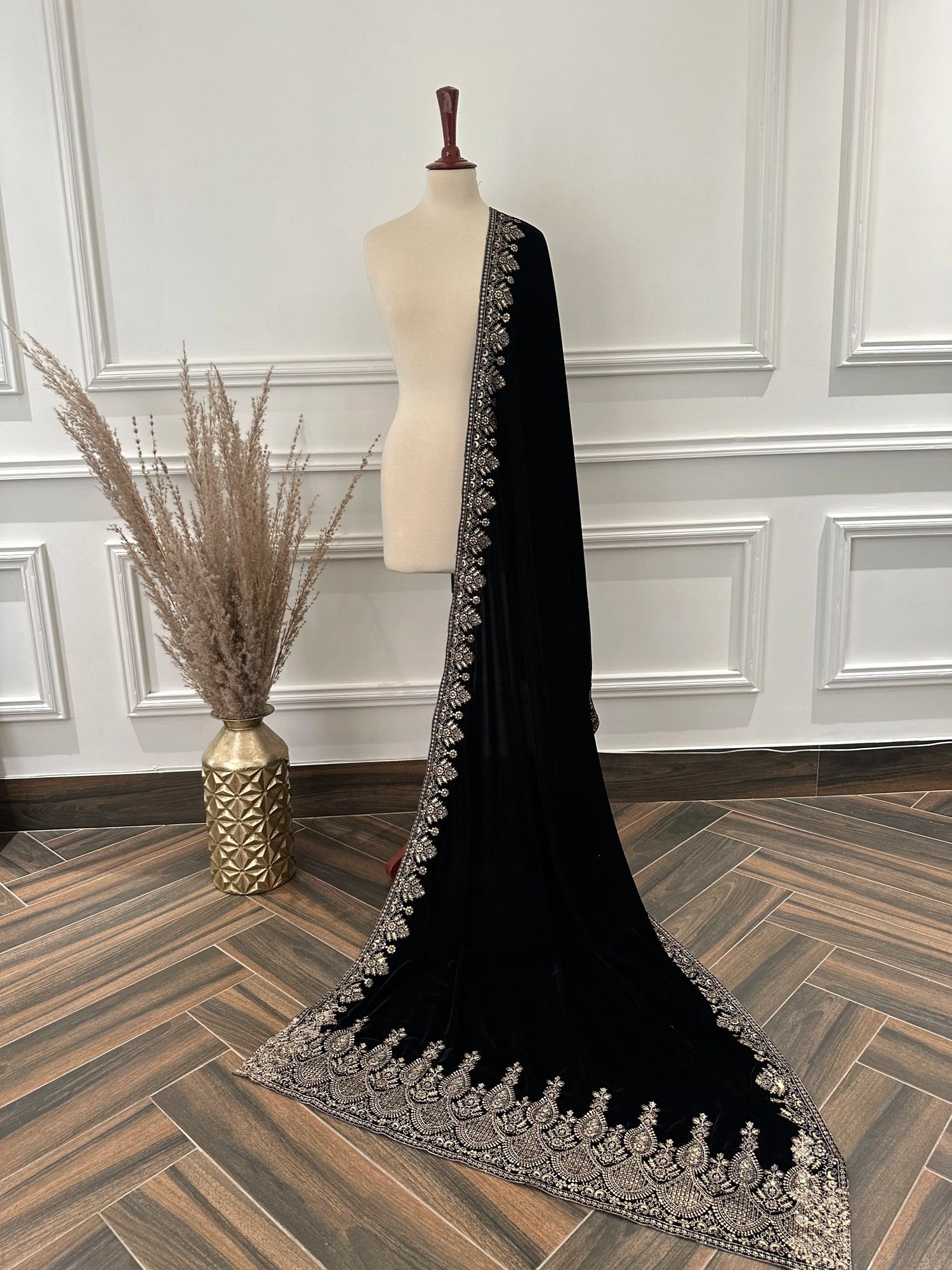 Luxury heavy embroidered tila work shawl in rich velvet, featuring intricate embroidery, a heavily adorned palu, perfect for formal occasions and festive gatherings.