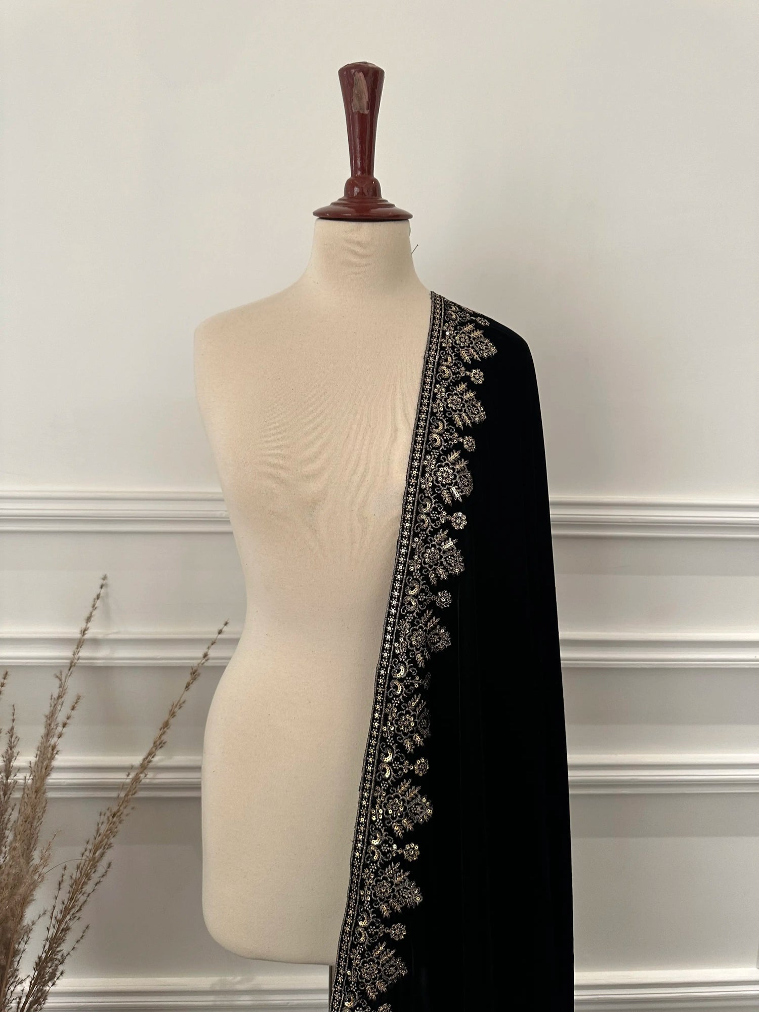 Luxury heavy embroidered tila work shawl in rich velvet, featuring intricate embroidery, a heavily adorned palu, perfect for formal occasions and festive gatherings.