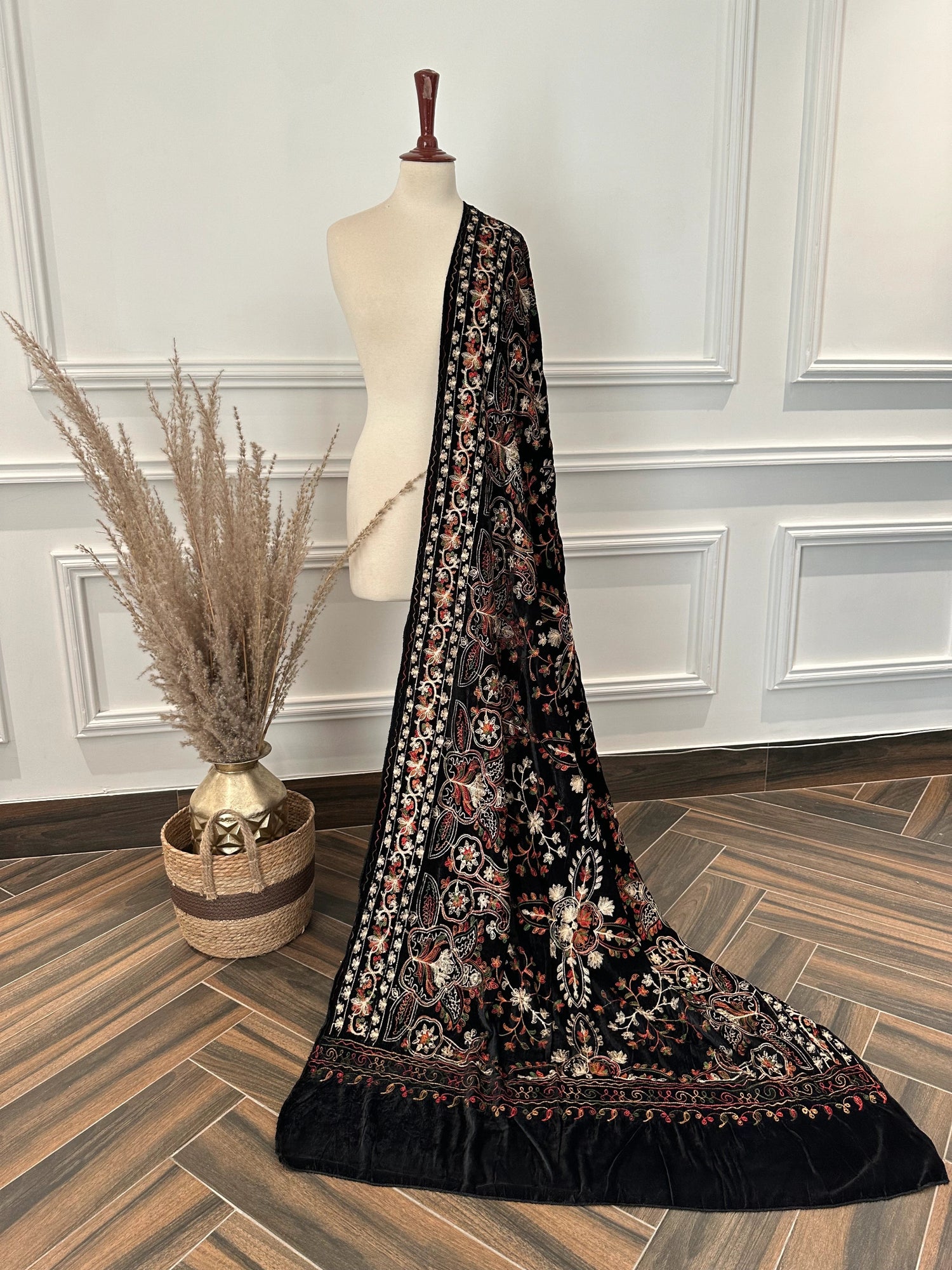 A multi-thread kashmiri velvet shawl, featuring a chic design that embodies elegance and timeless fashion.