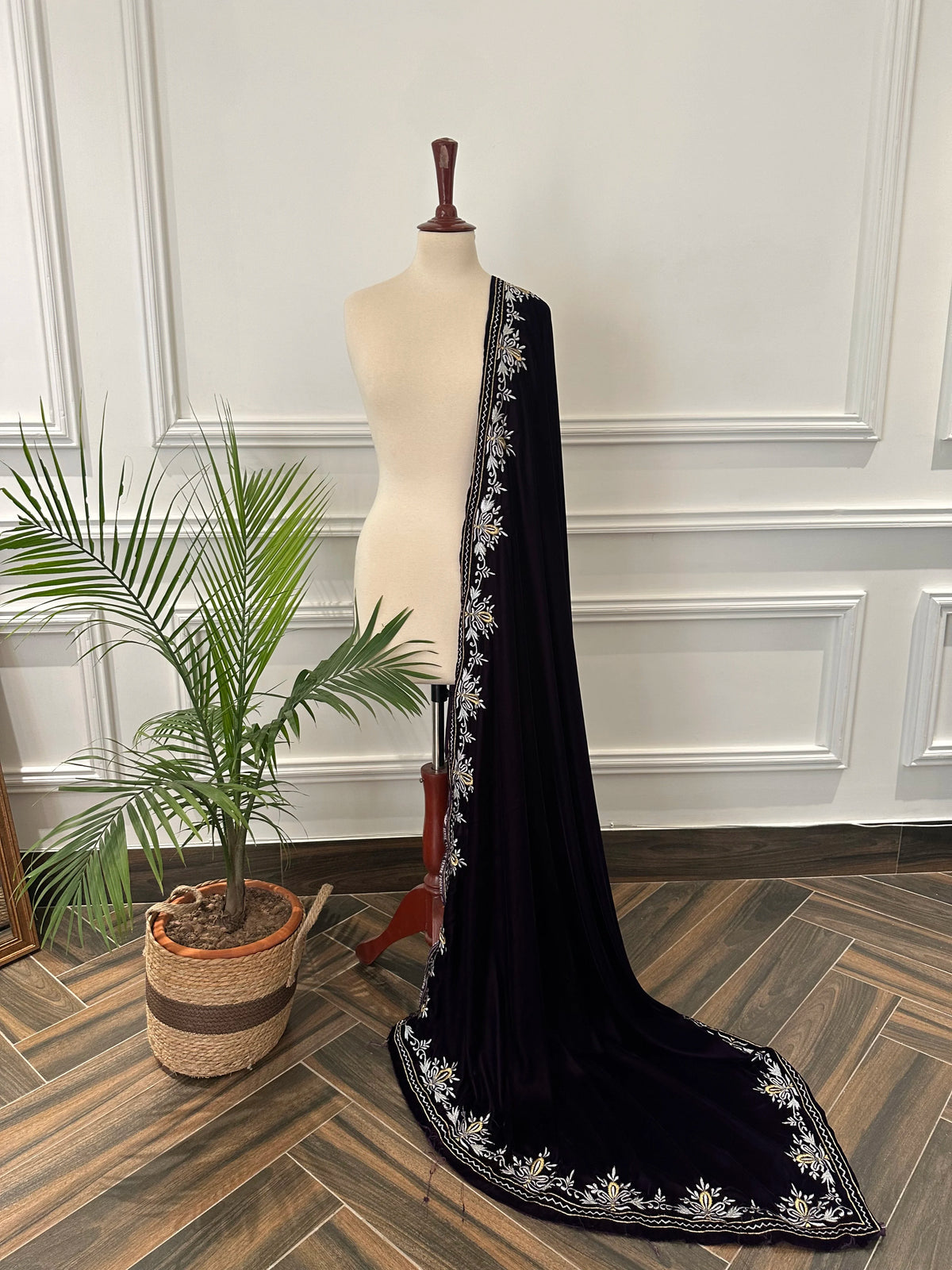 Elevate your style with velvet shawl, handcrafted silver and gold floral embroidery along the border, featuring a rich texture and elegant drape, perfect for weddings and festive occasions.