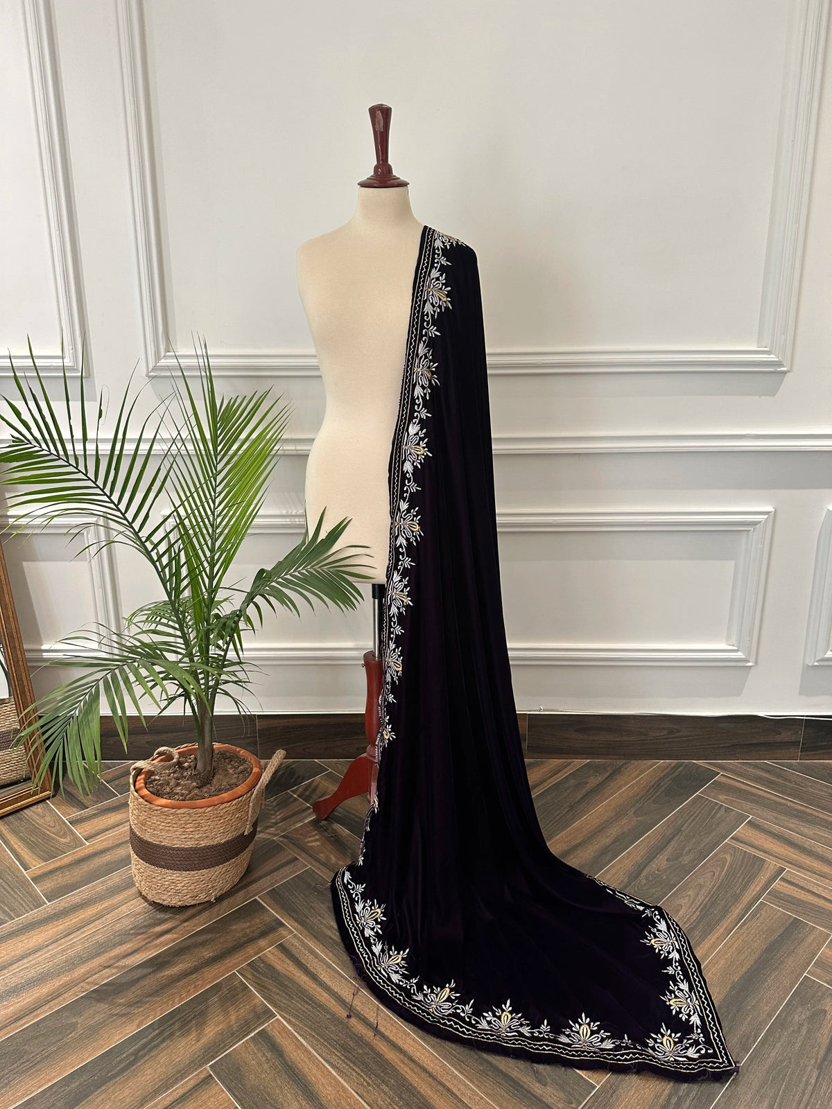 Elevate your style with velvet shawl, handcrafted silver and gold floral embroidery along the border, featuring a rich texture and elegant drape, perfect for weddings and festive occasions.