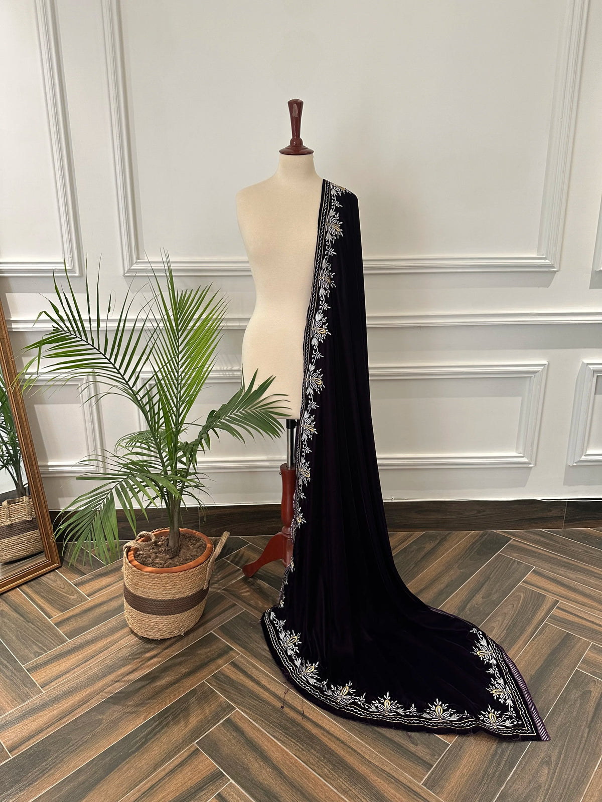 Elevate your style with velvet shawl, handcrafted silver and gold floral embroidery along the border, featuring a rich texture and elegant drape, perfect for weddings and festive occasions.