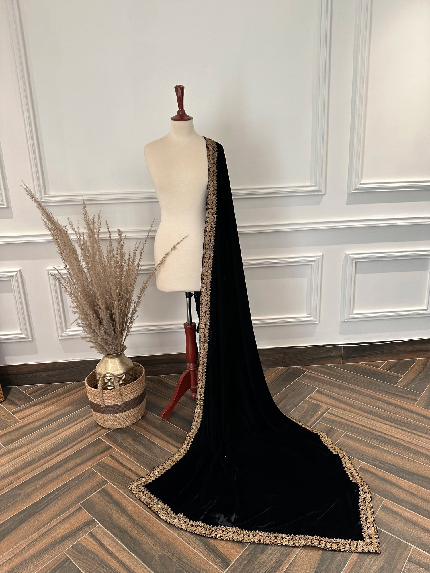 Luxurious velvet shawl with intricate heavy Aari work border and black Katan raw silk palta, elegant and timeless wrap for formal and casual wear.