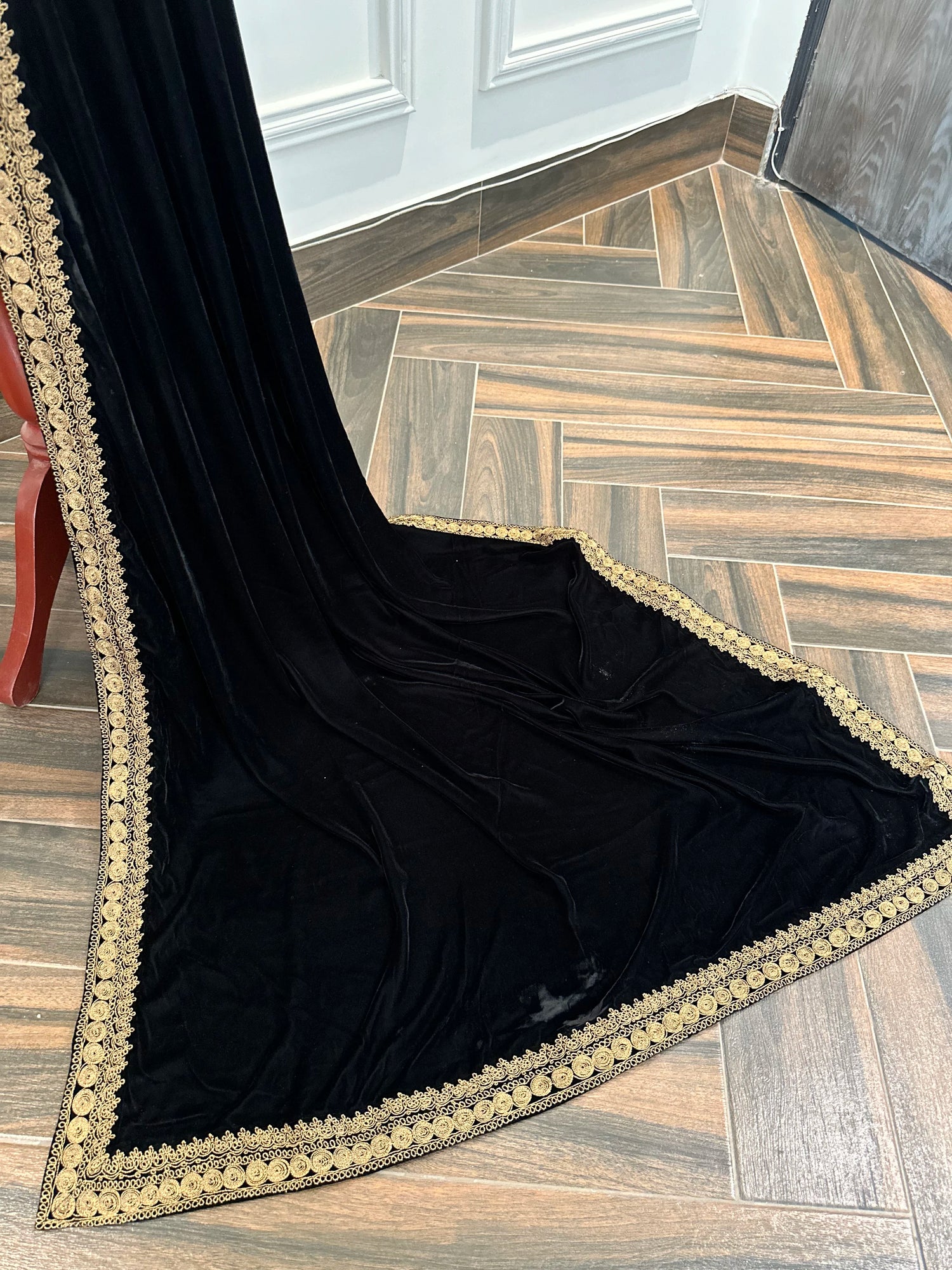 Luxurious velvet shawl with intricate heavy Aari work border and black Katan raw silk palta, elegant and timeless wrap for formal and casual wear.