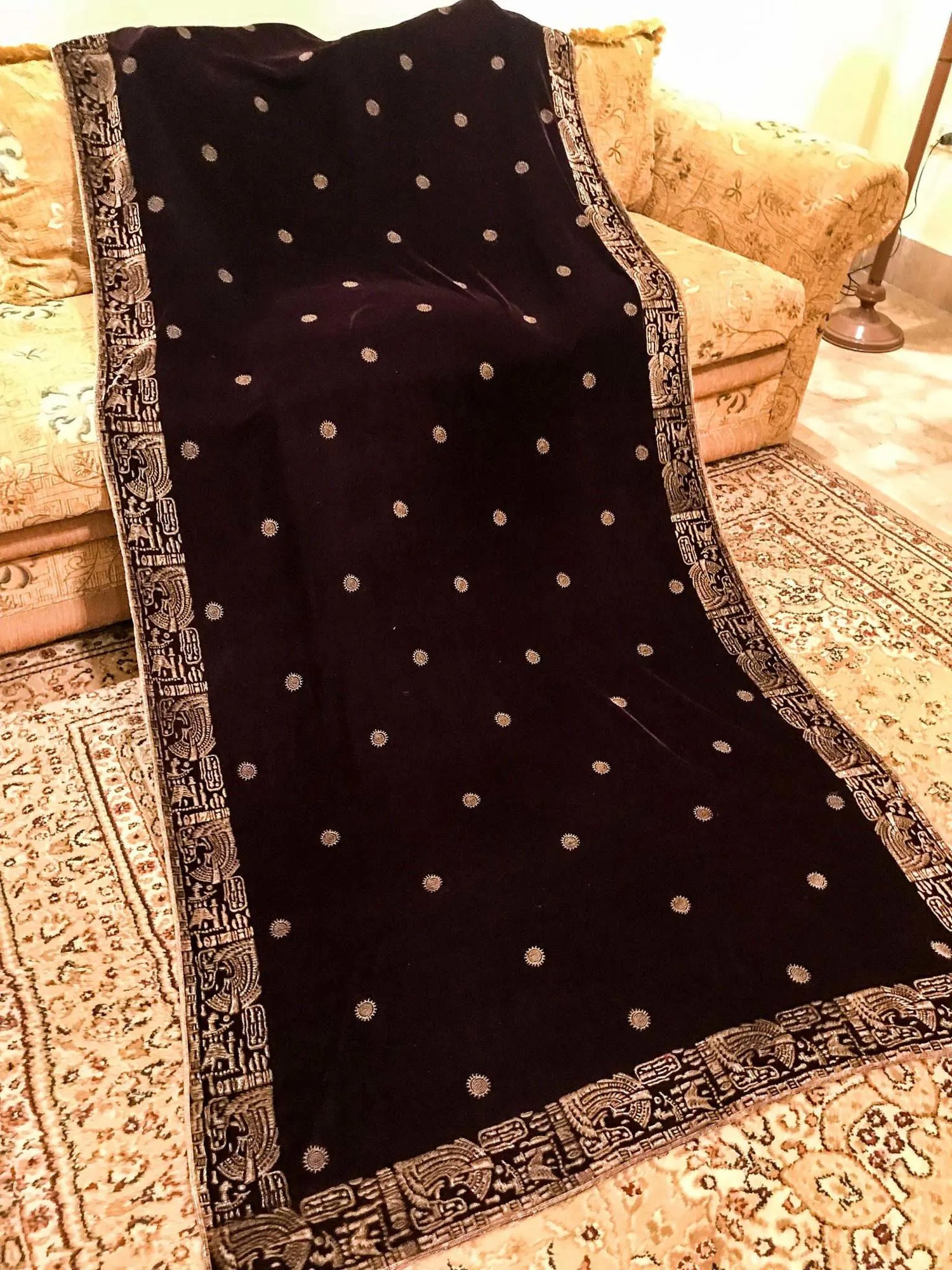 Elegant velvet shawl featuring intricate motifs with block printed border showcasing luxurious finish, ideal for stylish gatherings and formal events.