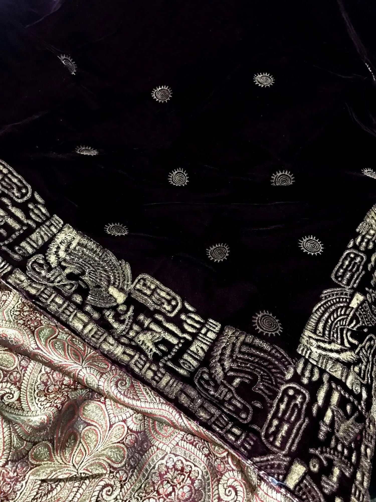 Elegant velvet shawl featuring intricate motifs with block printed border showcasing luxurious finish, ideal for stylish gatherings and formal events.