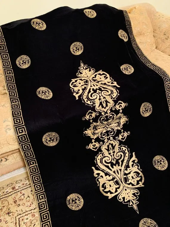 Luxurious velvet shawl adorned with gold block printed motif, showcasing elegant geometric patterns and Versace-inspired designs.