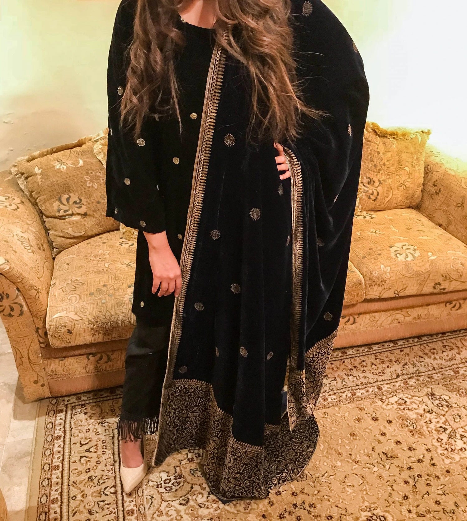 Elegant velvet shawl showcasing  luxurious double geometric block printed border, exuding sophistication and traditional charm.