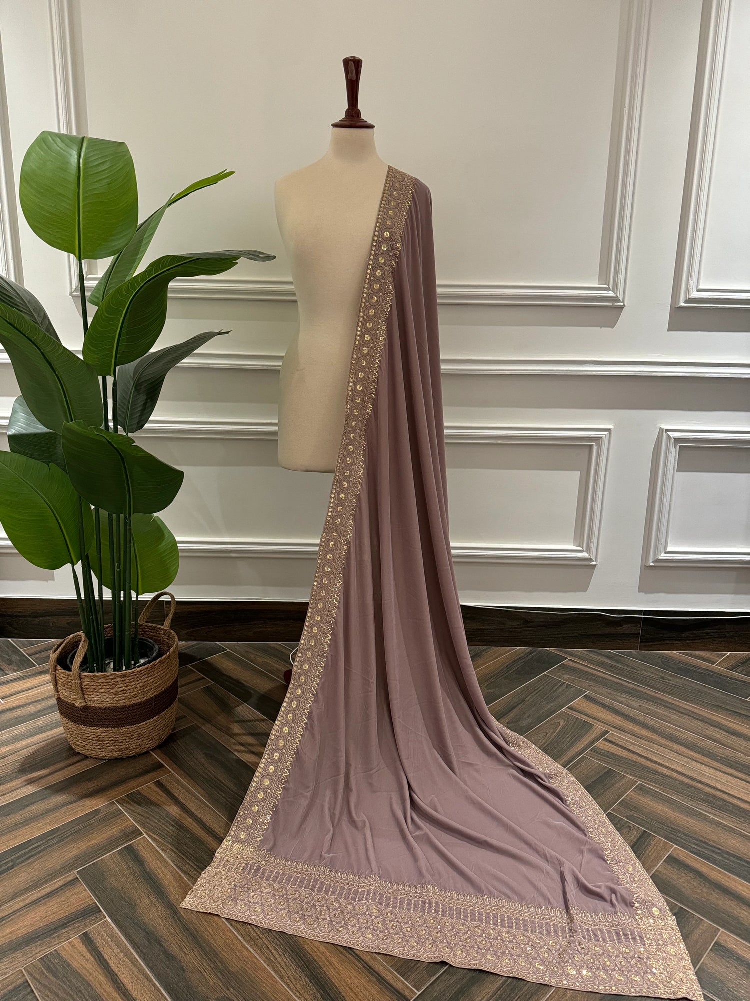 Luxurious lilac velvet shawl adorned with delicate tila and sequin embroidery, showcasing rich texture and refined craftsmanship.