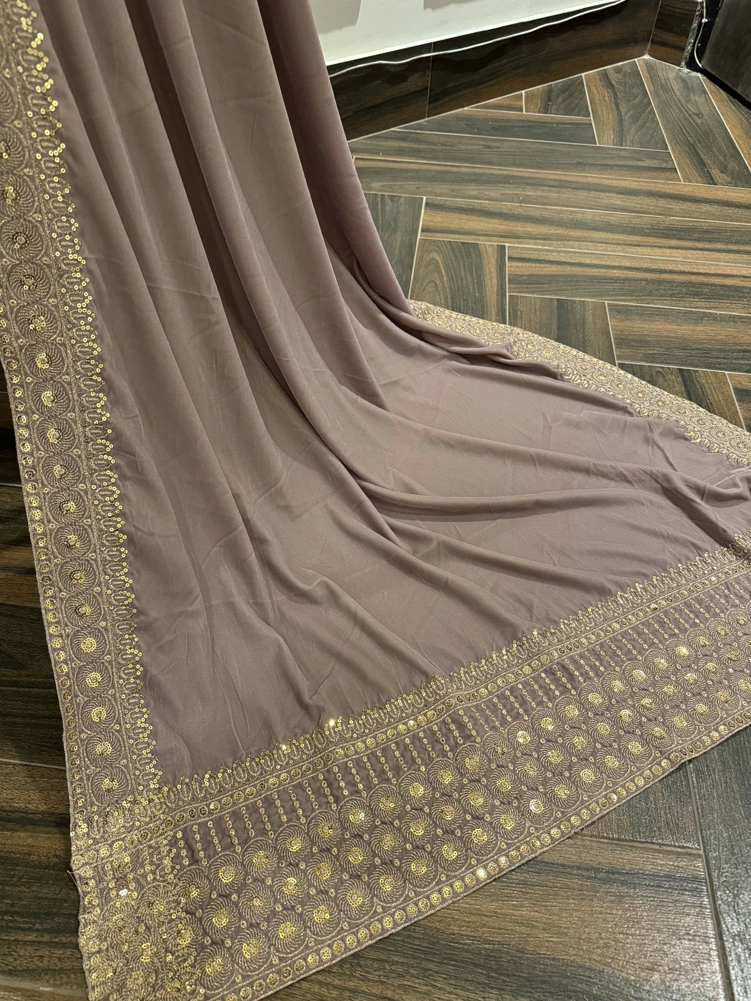 Luxurious lilac velvet shawl adorned with delicate tila and sequin embroidery, showcasing rich texture and refined craftsmanship.