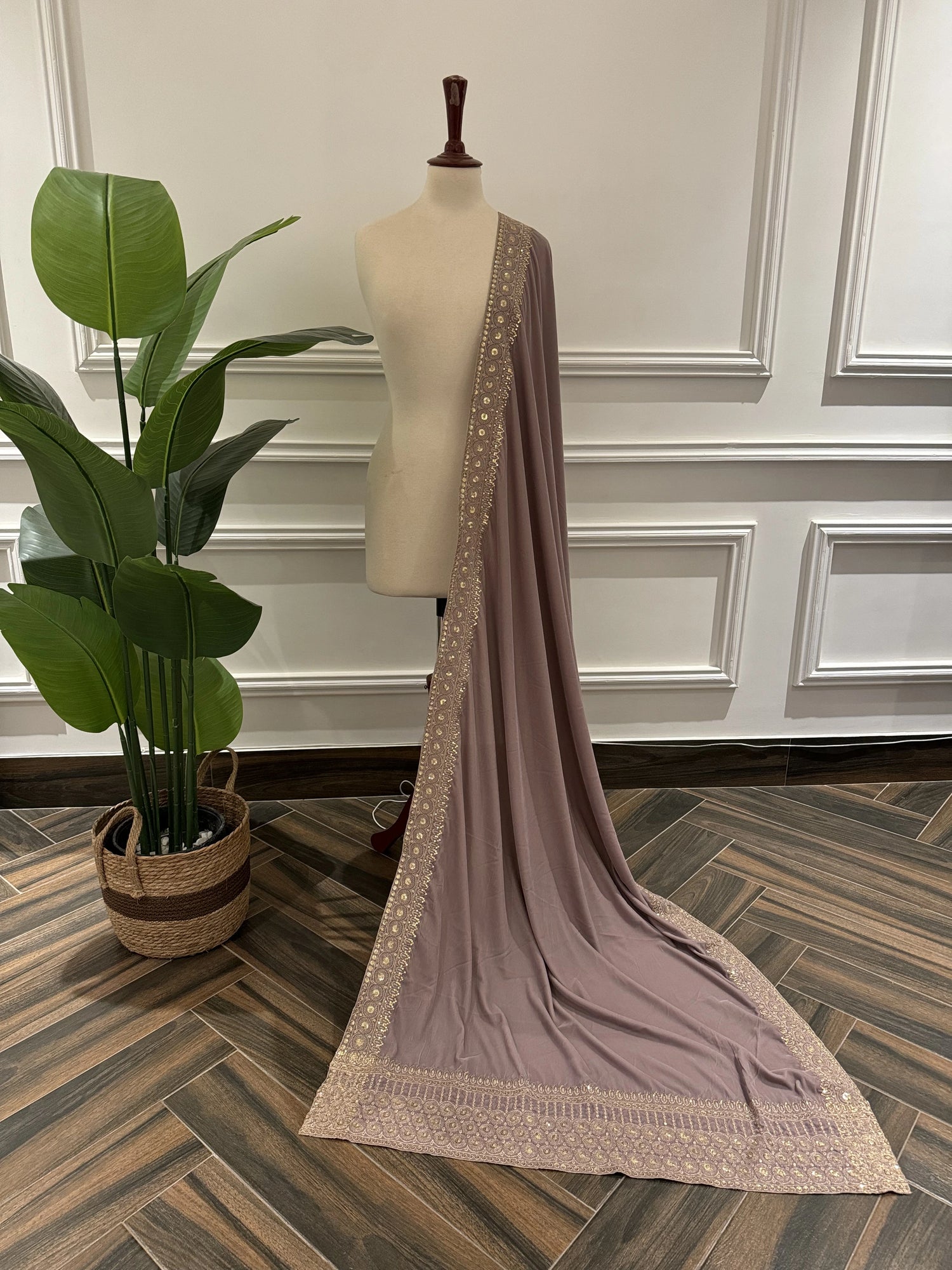 Luxurious lilac velvet shawl adorned with delicate tila and sequin embroidery, showcasing rich texture and refined craftsmanship.