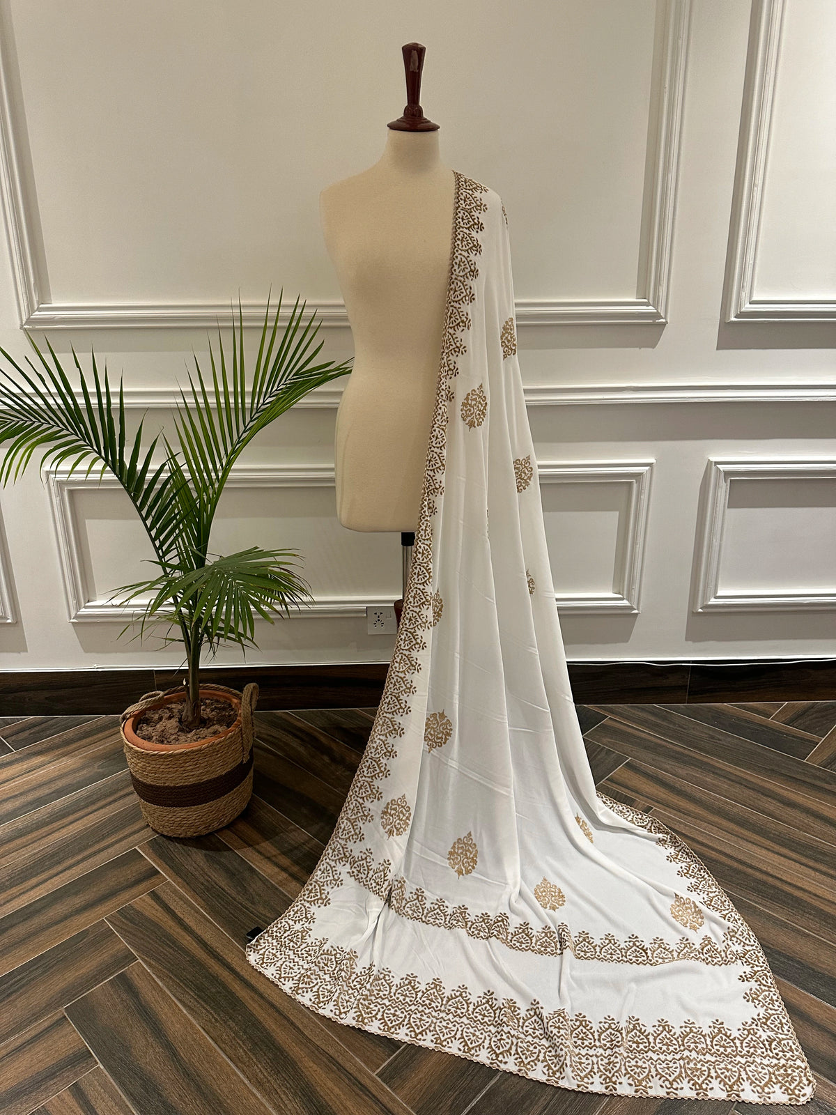VT-186 Elegant White & Gold Embroidered Tila Shawl