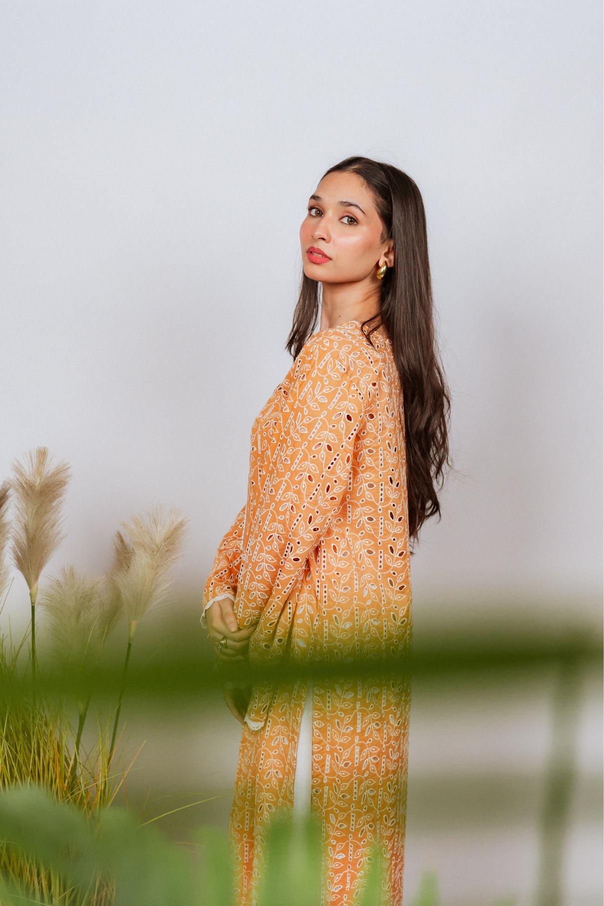 Mustard Chikan kurta with off-white floral embroidery and lace neckline