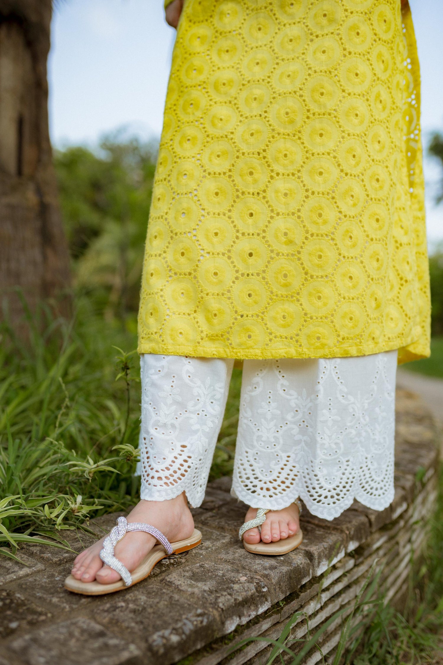 White chikan pants with detailed Shiffli embroidery on hem
