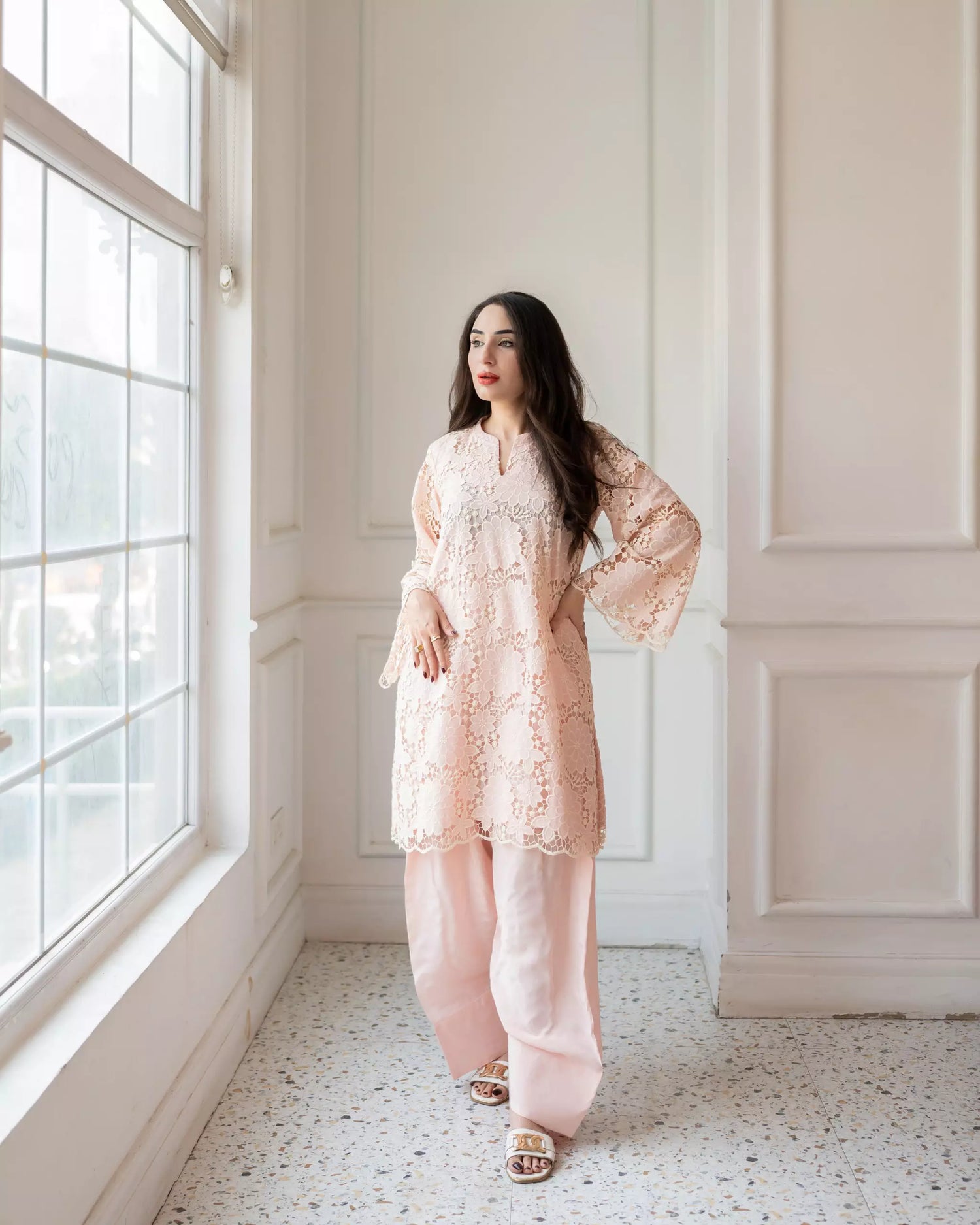 Powder pink Schiffli embroidered farshi set for women