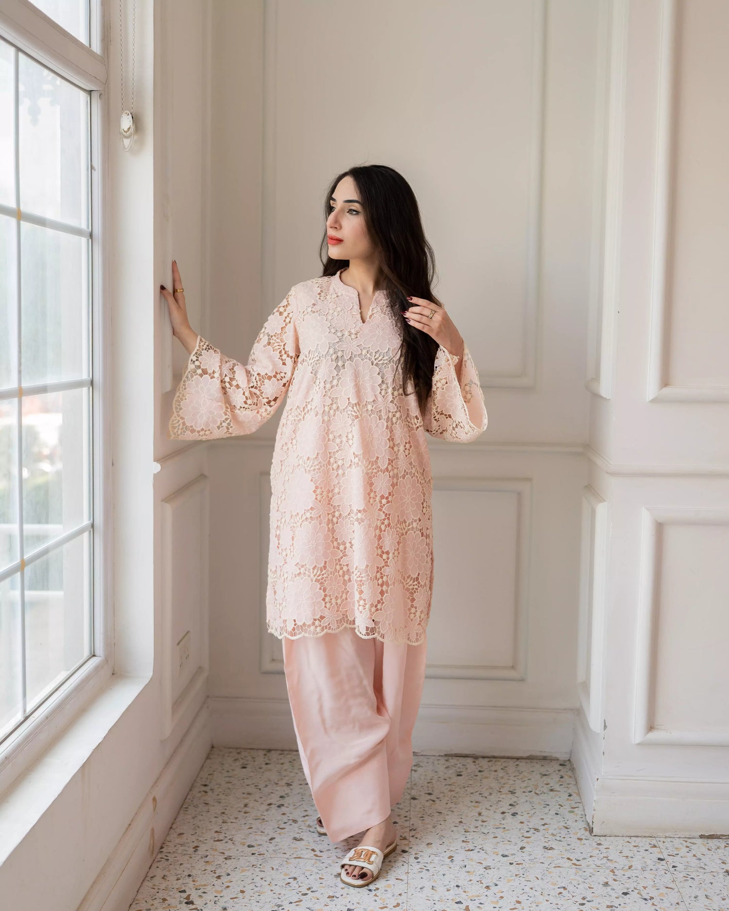 Powder pink Schiffli embroidered farshi set for women