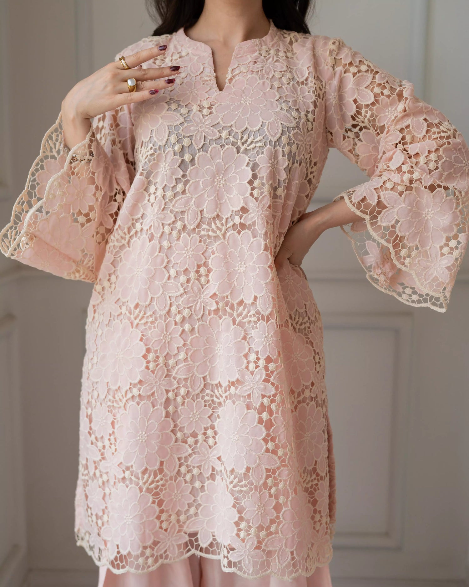 Powder pink Schiffli embroidered farshi set for women