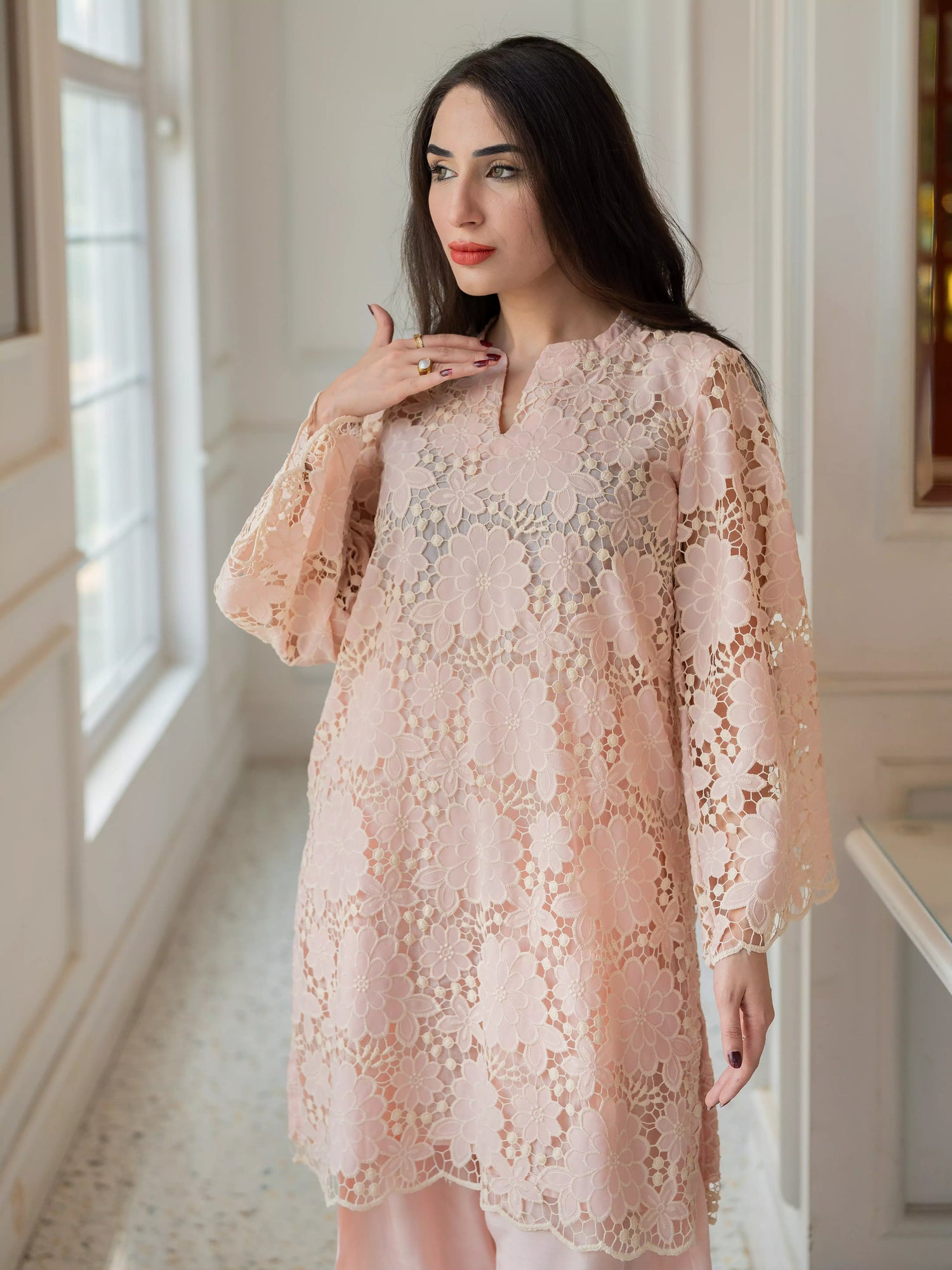Powder pink Schiffli embroidered farshi set for women