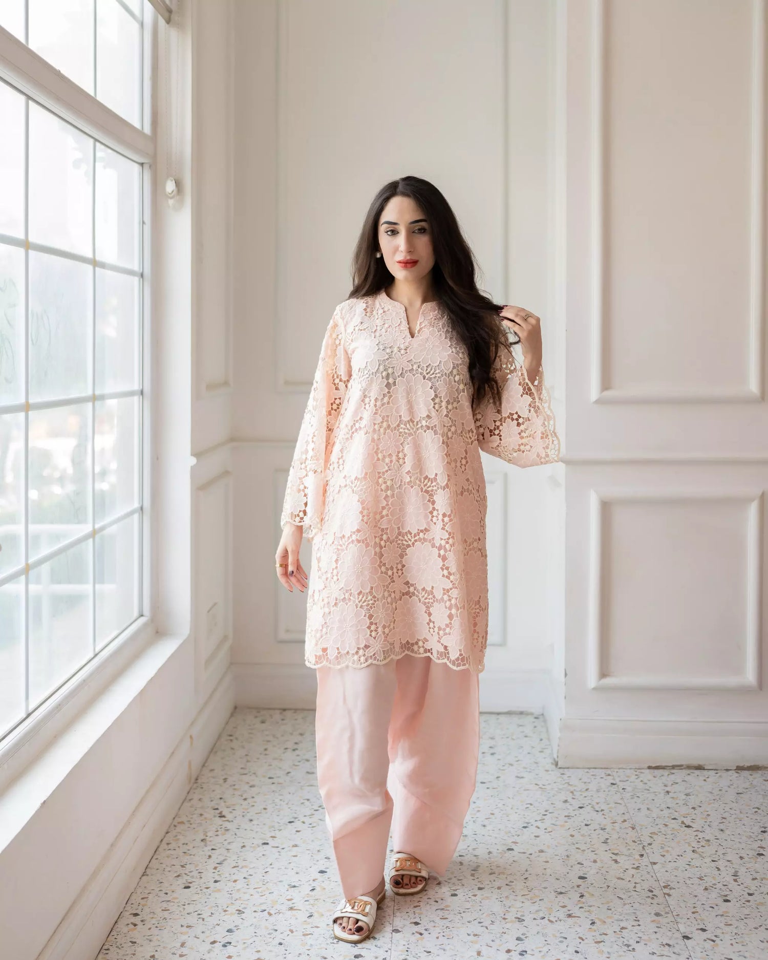 Powder pink Schiffli embroidered farshi set for women