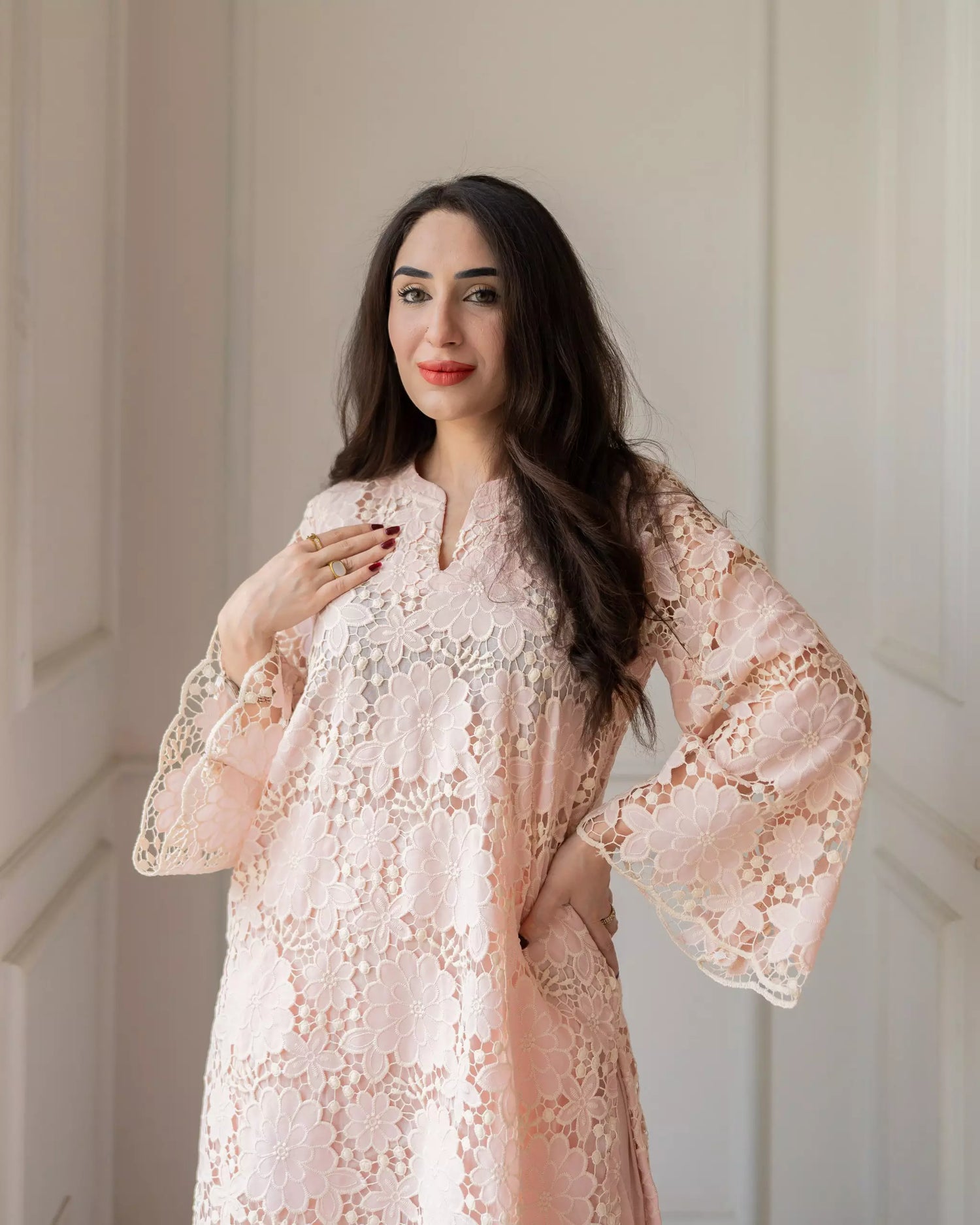 Powder pink Schiffli embroidered farshi set for women