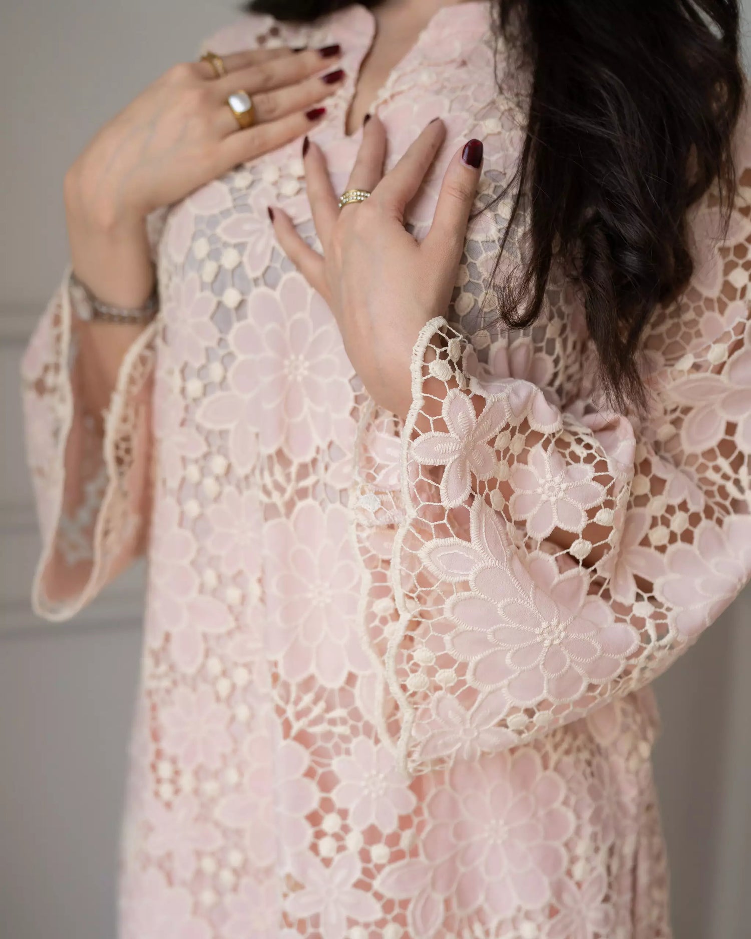 Powder pink Schiffli embroidered farshi set for women