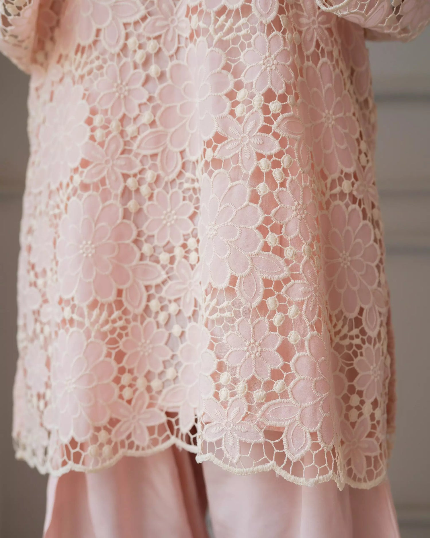 Powder pink Schiffli embroidered farshi set for women