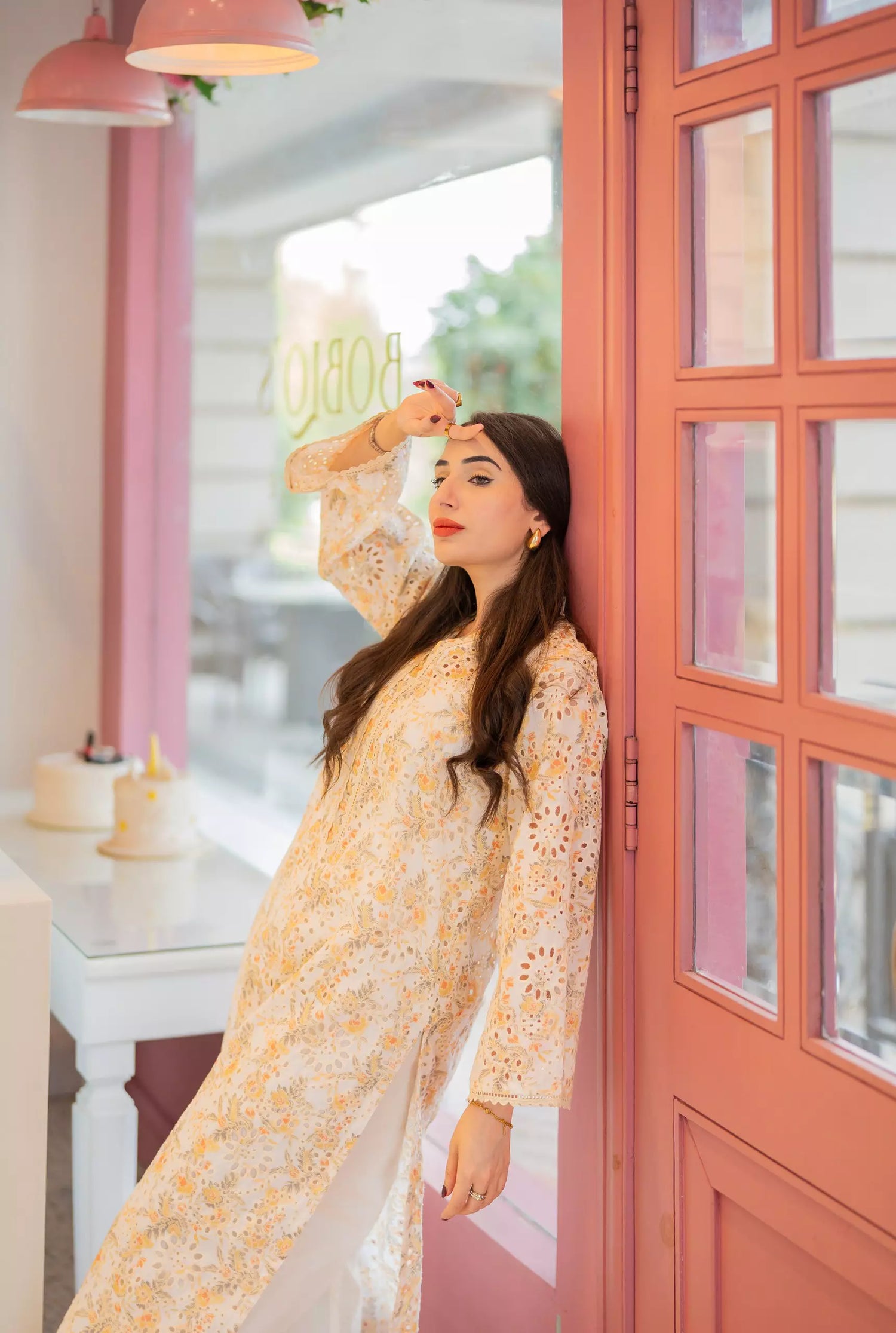 Floral chikankari printed kurta with elegant lace detailing