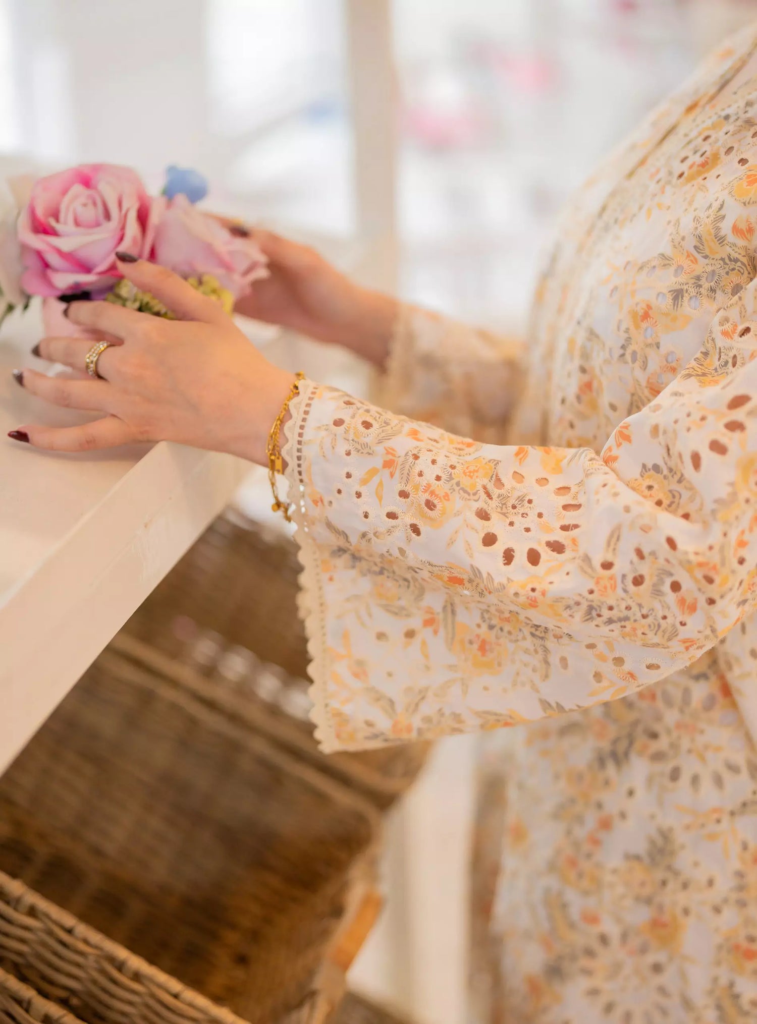 Floral chikankari printed kurta with elegant lace detailing