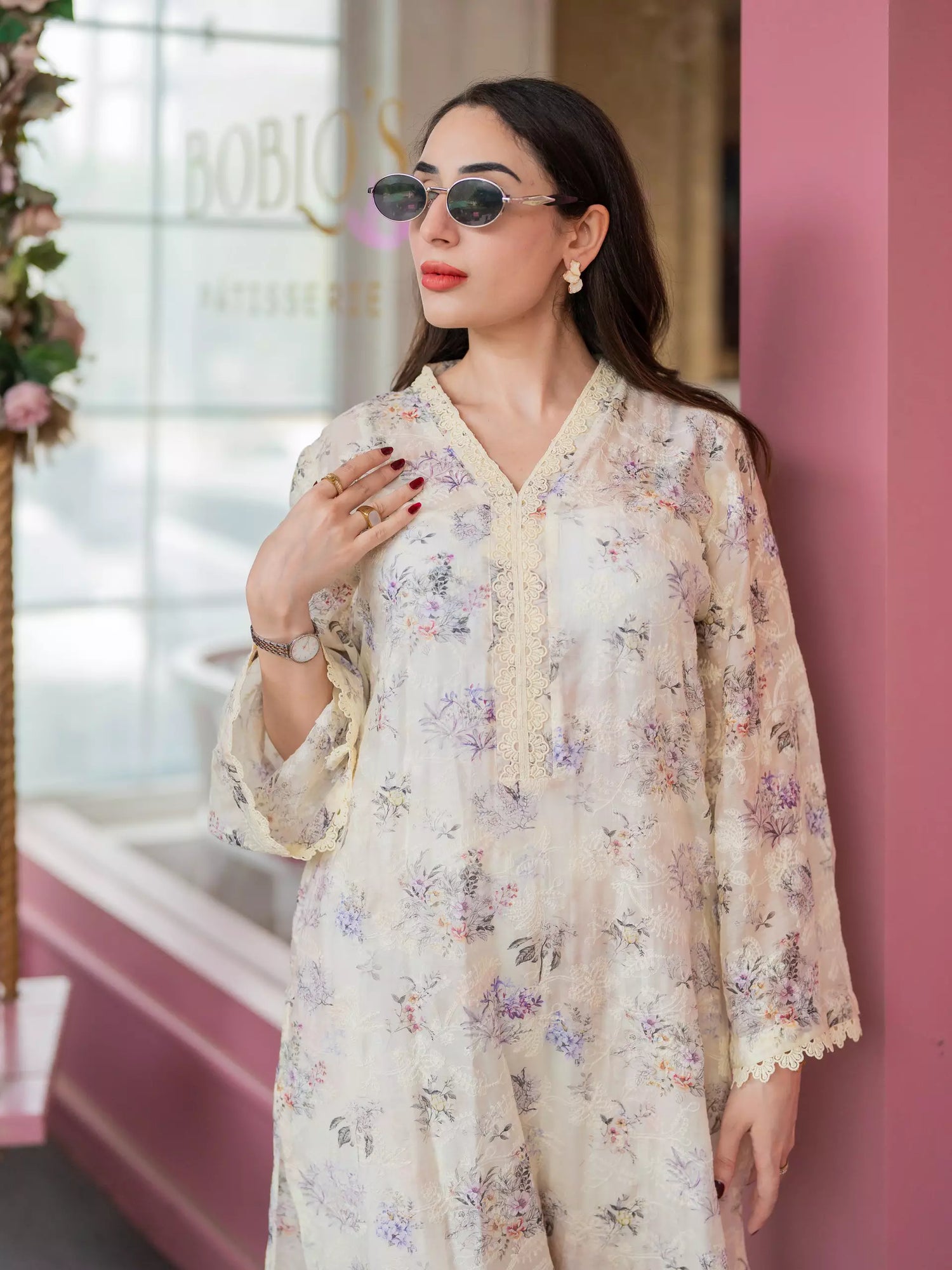 Butter yellow floral chikankari printed kurta for women