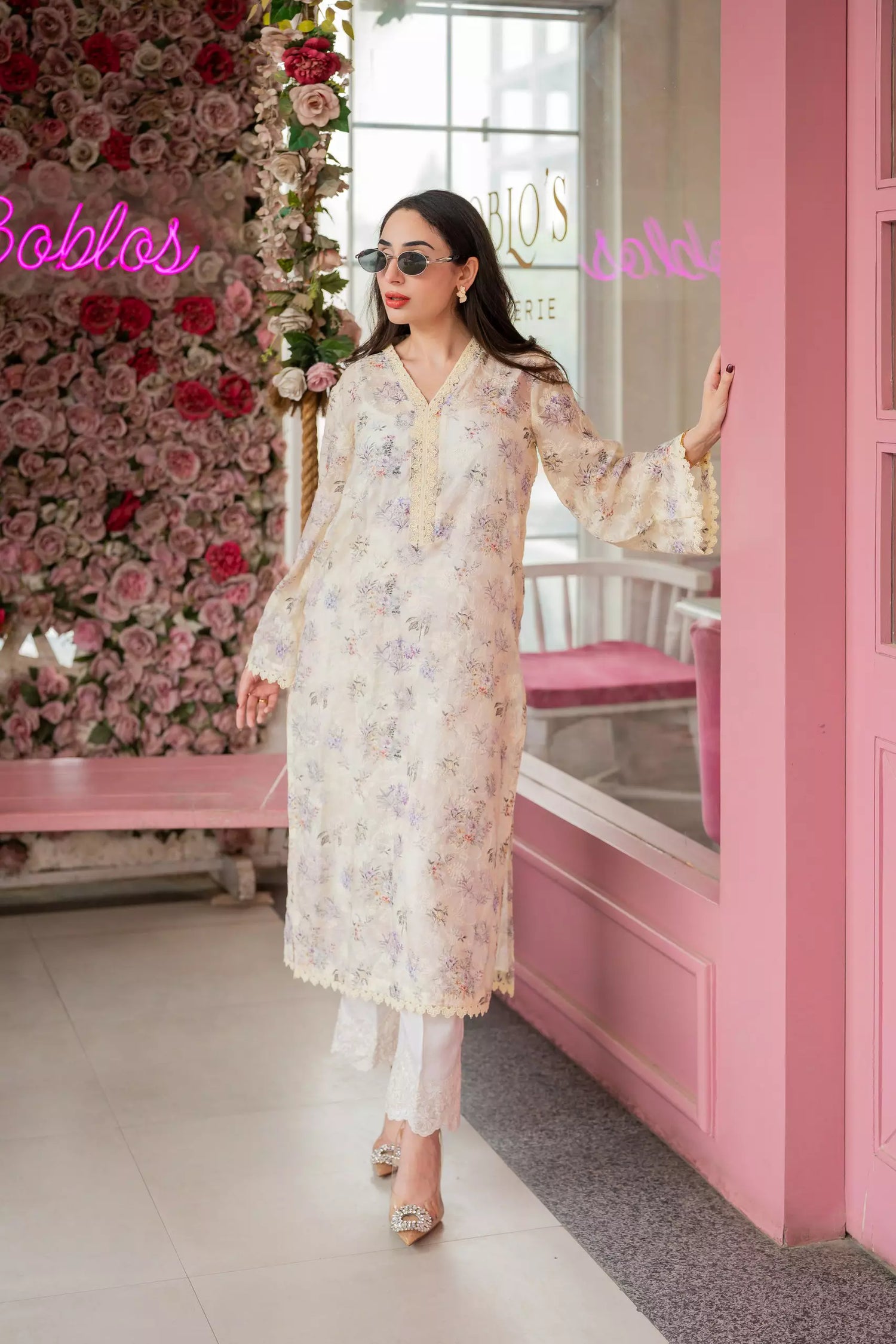 Butter yellow floral chikankari printed kurta for women