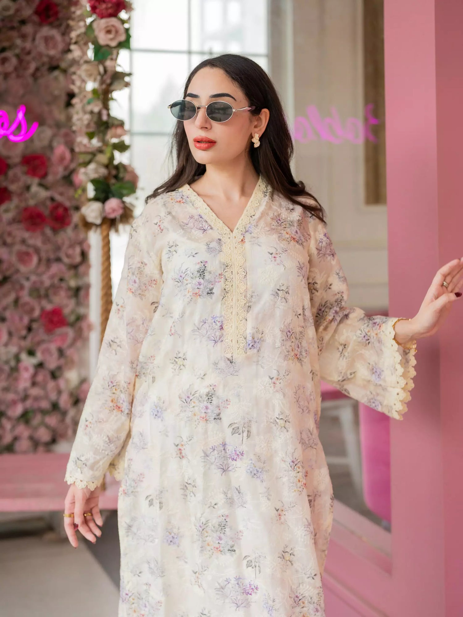 Butter yellow floral chikankari printed kurta for women