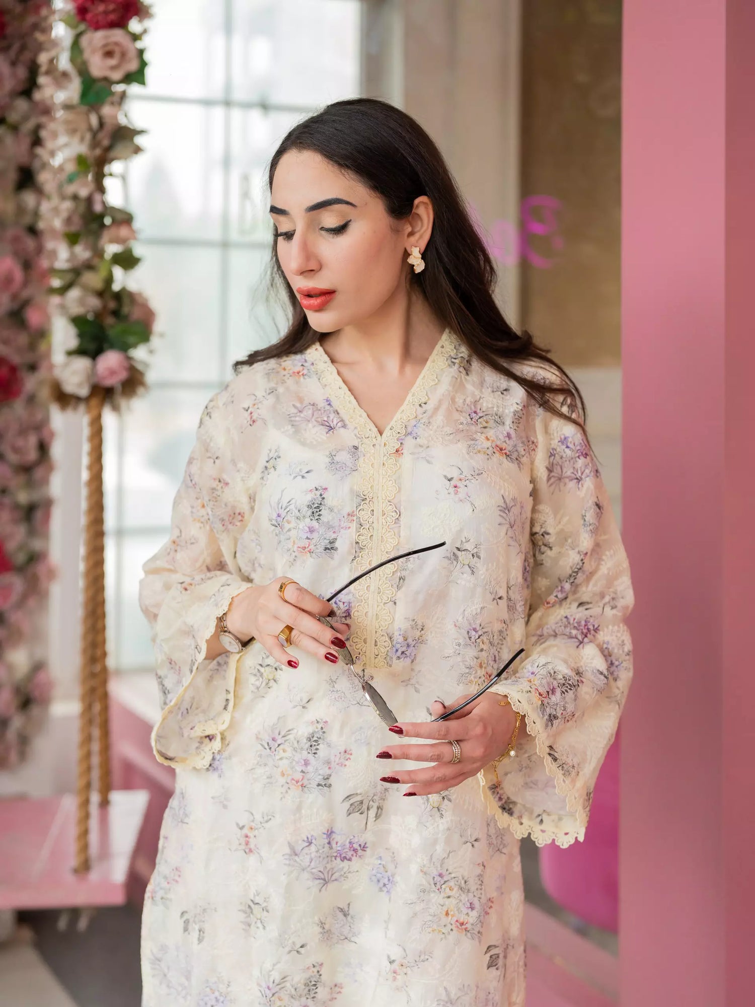 Butter yellow floral chikankari printed kurta for women